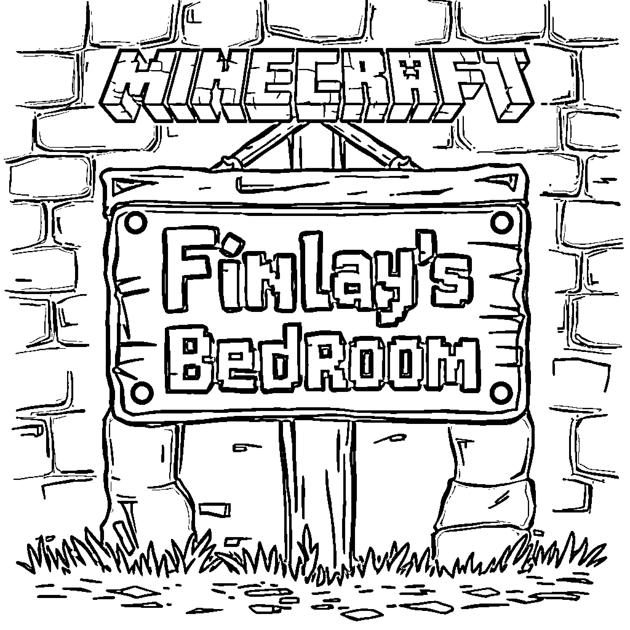 Sign for Finlay's Bedroom in Minecraft Coloring Page (free black-and-white line drawing printable PDF for all, from beginners to advanced learners, including children, teens, adults, and seniors)