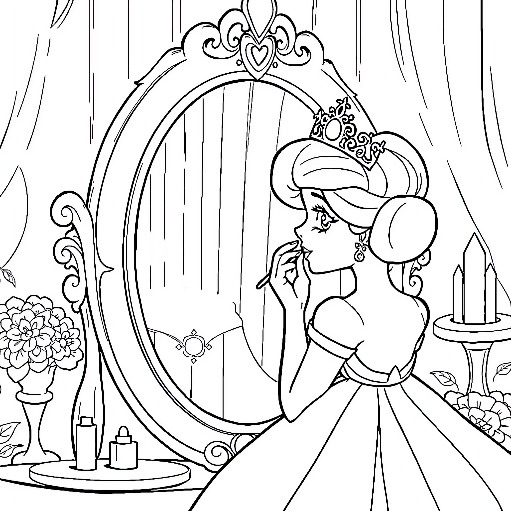 Princess Admiring Herself in the Mirror Coloring Page (free black-and-white line drawing printable PDF for all, from beginners to advanced learners, including children, teens, adults, and seniors)