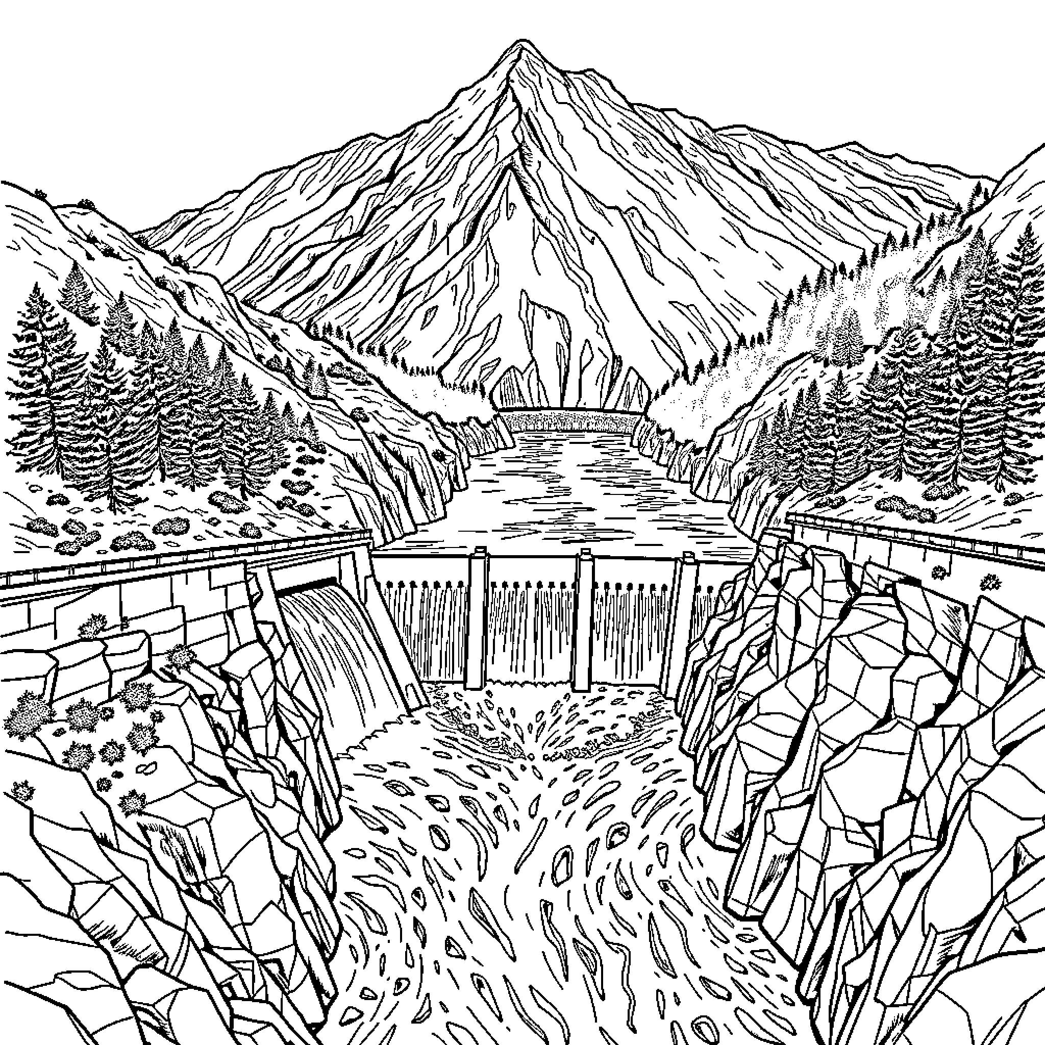 River flowing through majestic mountain landscape Coloring Page (free black-and-white line drawing printable PDF for all, from beginners to advanced learners, including children, teens, adults, and seniors)