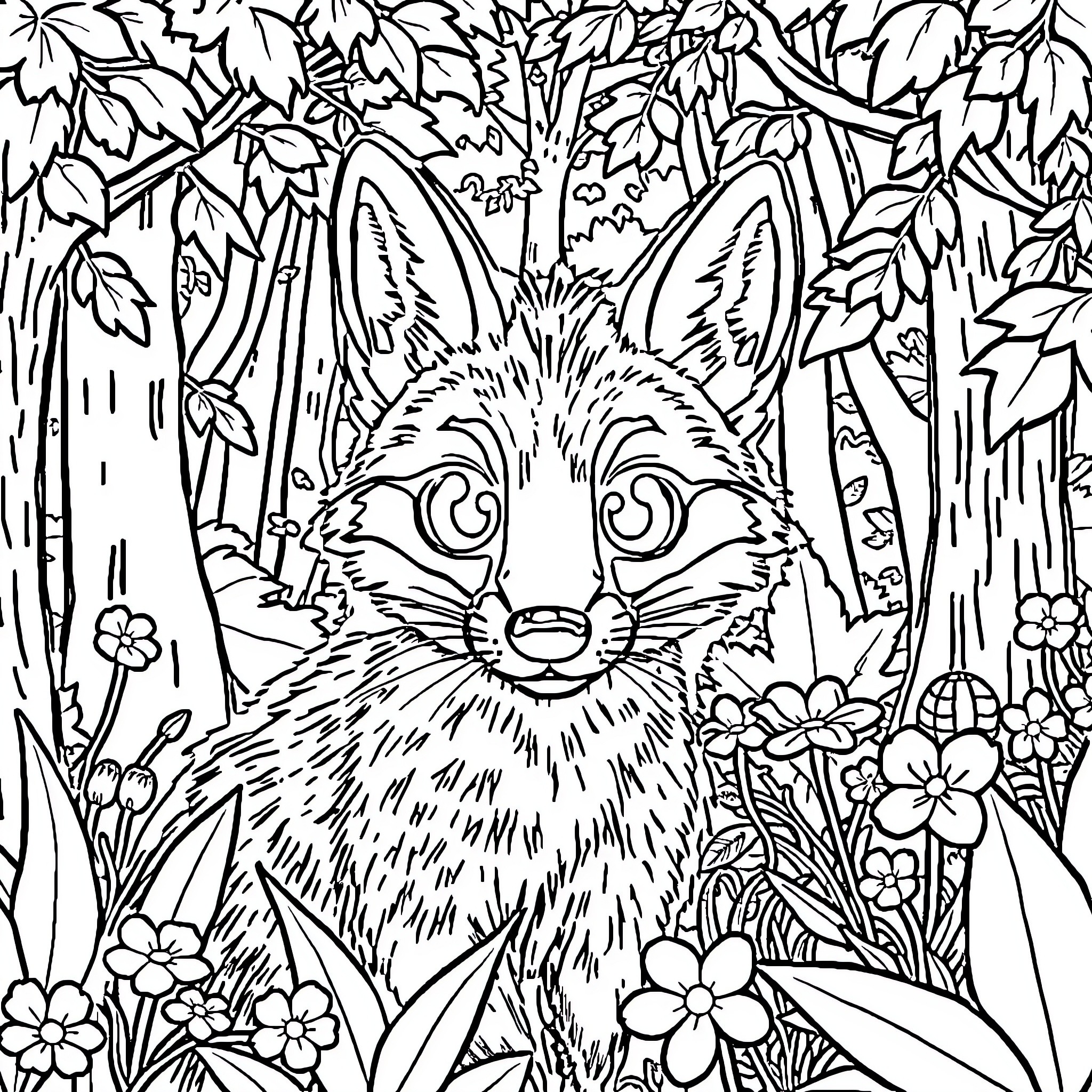 Fox in Enchanted Forest with Flowers Coloring Page (free black-and-white line drawing printable PDF for all, from beginners to advanced learners, including children, teens, adults, and seniors)