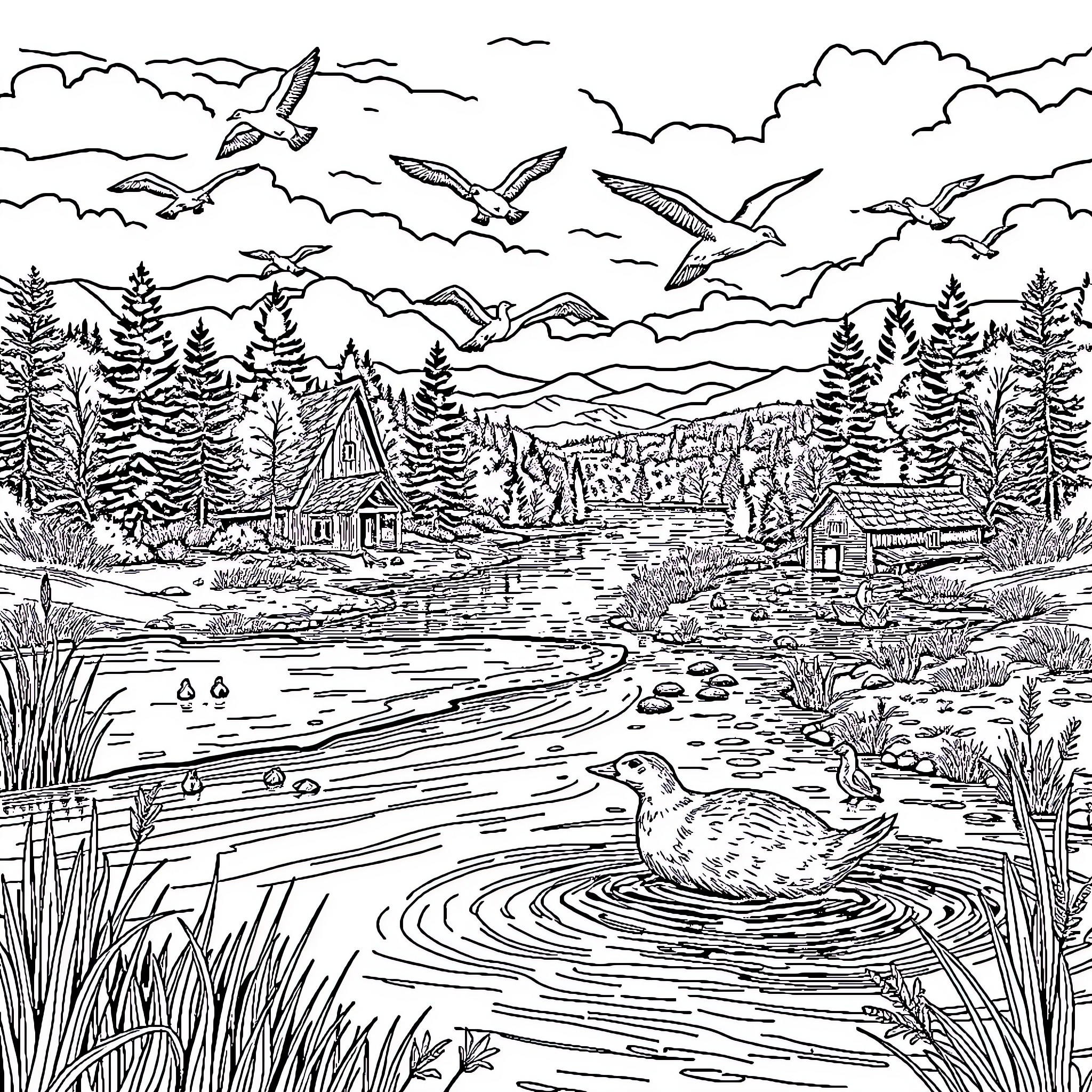 River flowing through peaceful countryside landscape Coloring Page (free black-and-white line drawing printable PDF for all, from beginners to advanced learners, including children, teens, adults, and seniors)