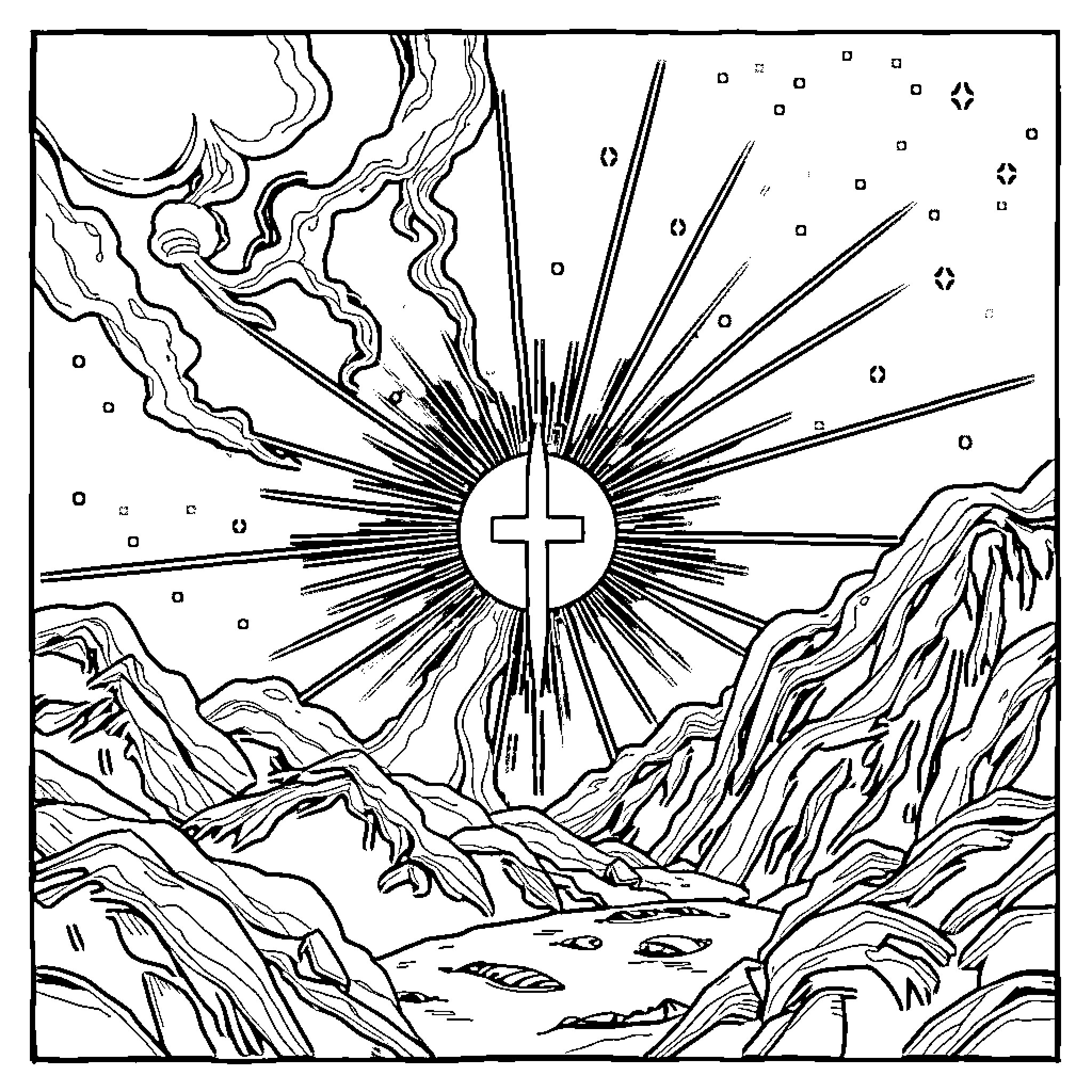 Light Shines Brightly Over Mountainous Landscape Coloring Page (free black-and-white line drawing printable PDF for all, from beginners to advanced learners, including children, teens, adults, and seniors)