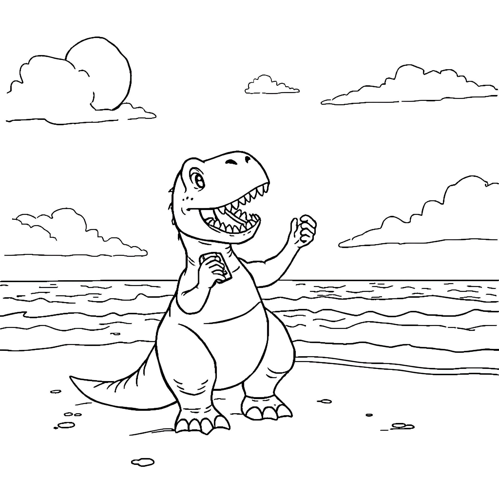 Dinosaur roaring happily on the beach Coloring Page (free black-and-white line drawing printable PDF for all, from beginners to advanced learners, including children, teens, adults, and seniors)