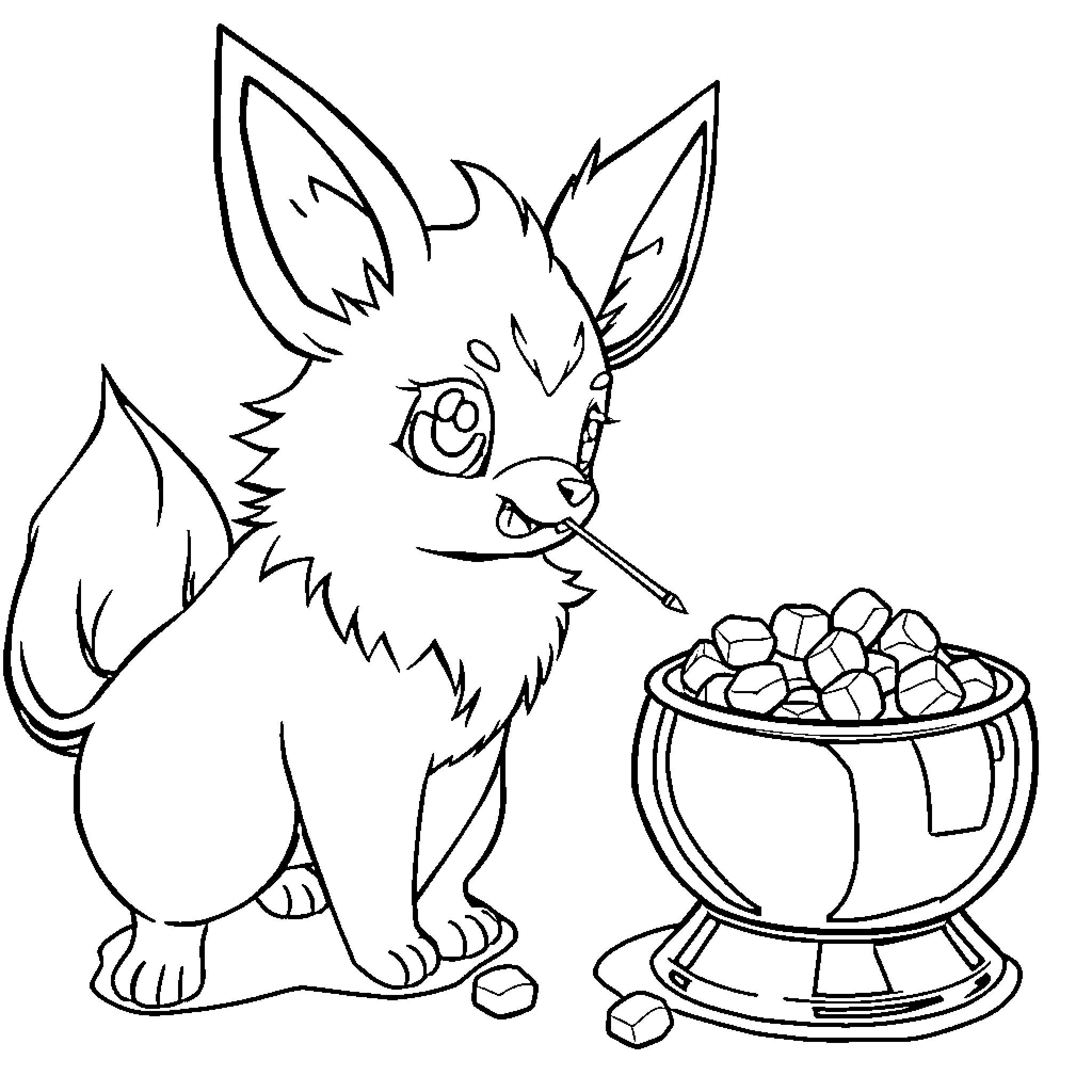 Jolteon enjoying a bowl of treats Coloring Page (free black-and-white line drawing printable PDF for all, from beginners to advanced learners, including children, teens, adults, and seniors)