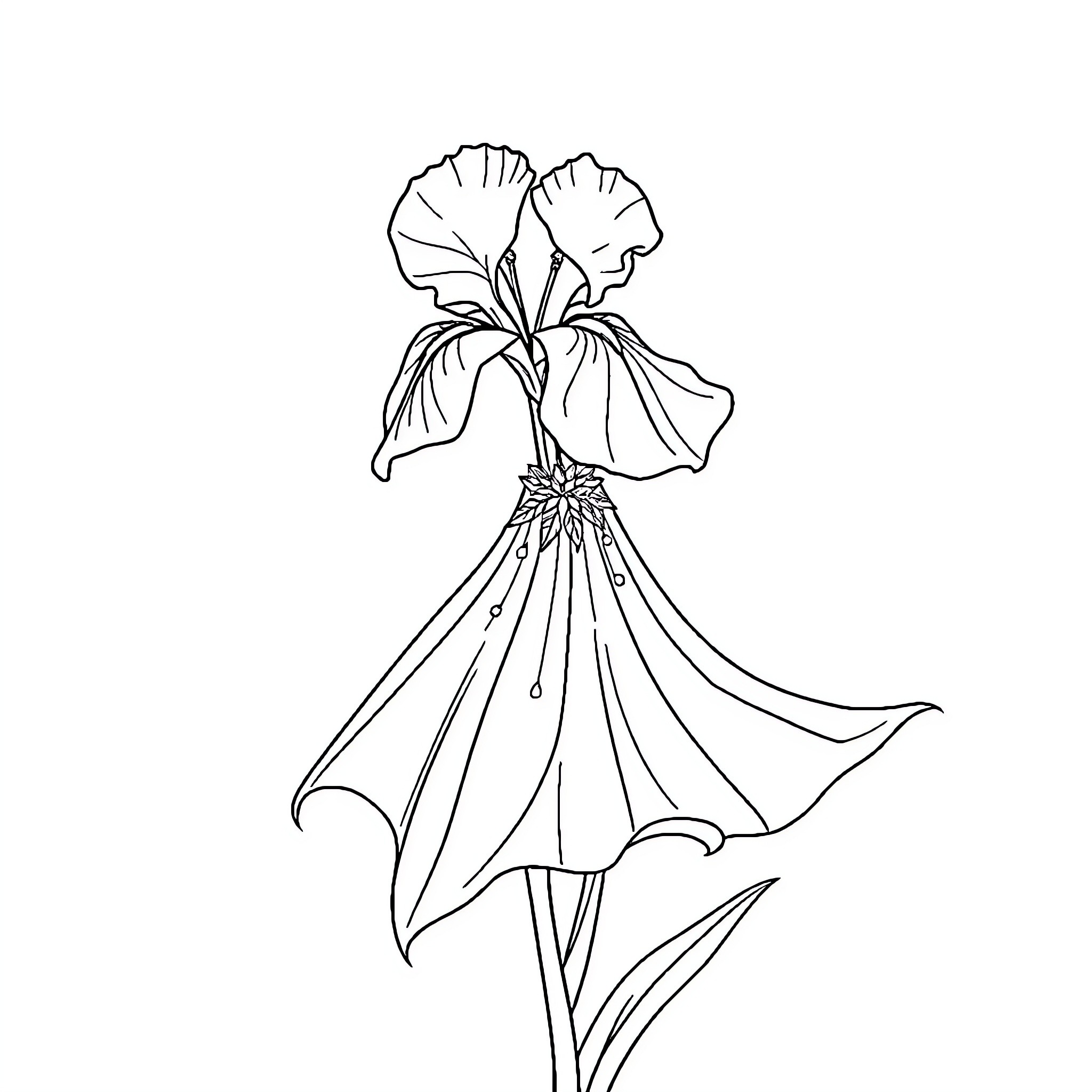 Iris Flower in Elegant Pose Coloring Page (free black-and-white line drawing printable PDF for all, from beginners to advanced learners, including children, teens, adults, and seniors)