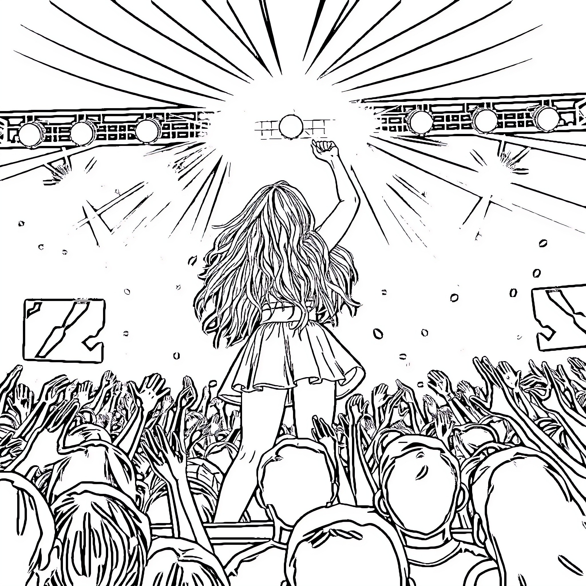 Ariana Grande performing on stage with excited crowd Coloring Page (free black-and-white line drawing printable PDF for all, from beginners to advanced learners, including children, teens, adults, and seniors)