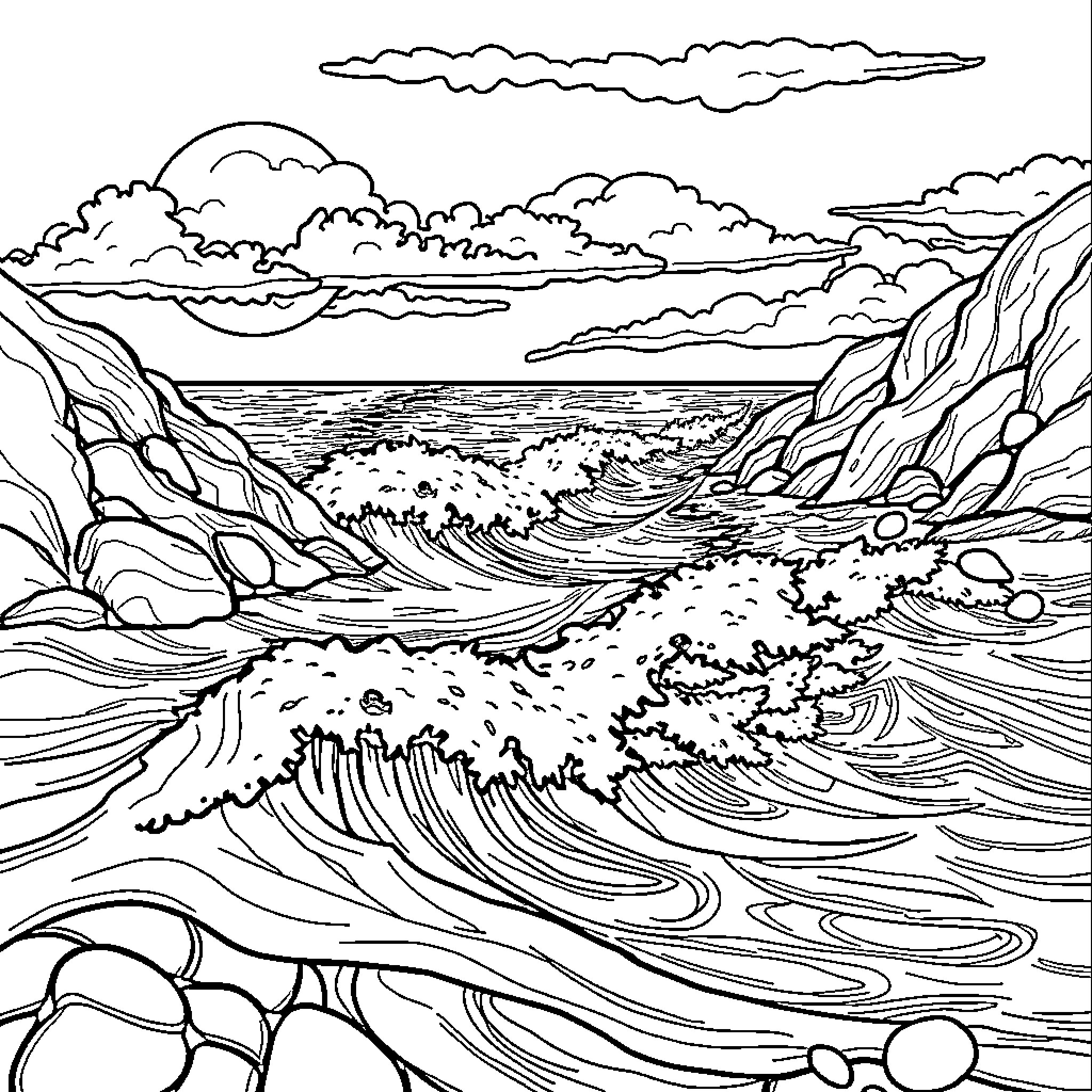 Waves crashing against rocky cliffs in dramatic landscape Coloring Page (free black-and-white line drawing printable PDF for all, from beginners to advanced learners, including children, teens, adults, and seniors)