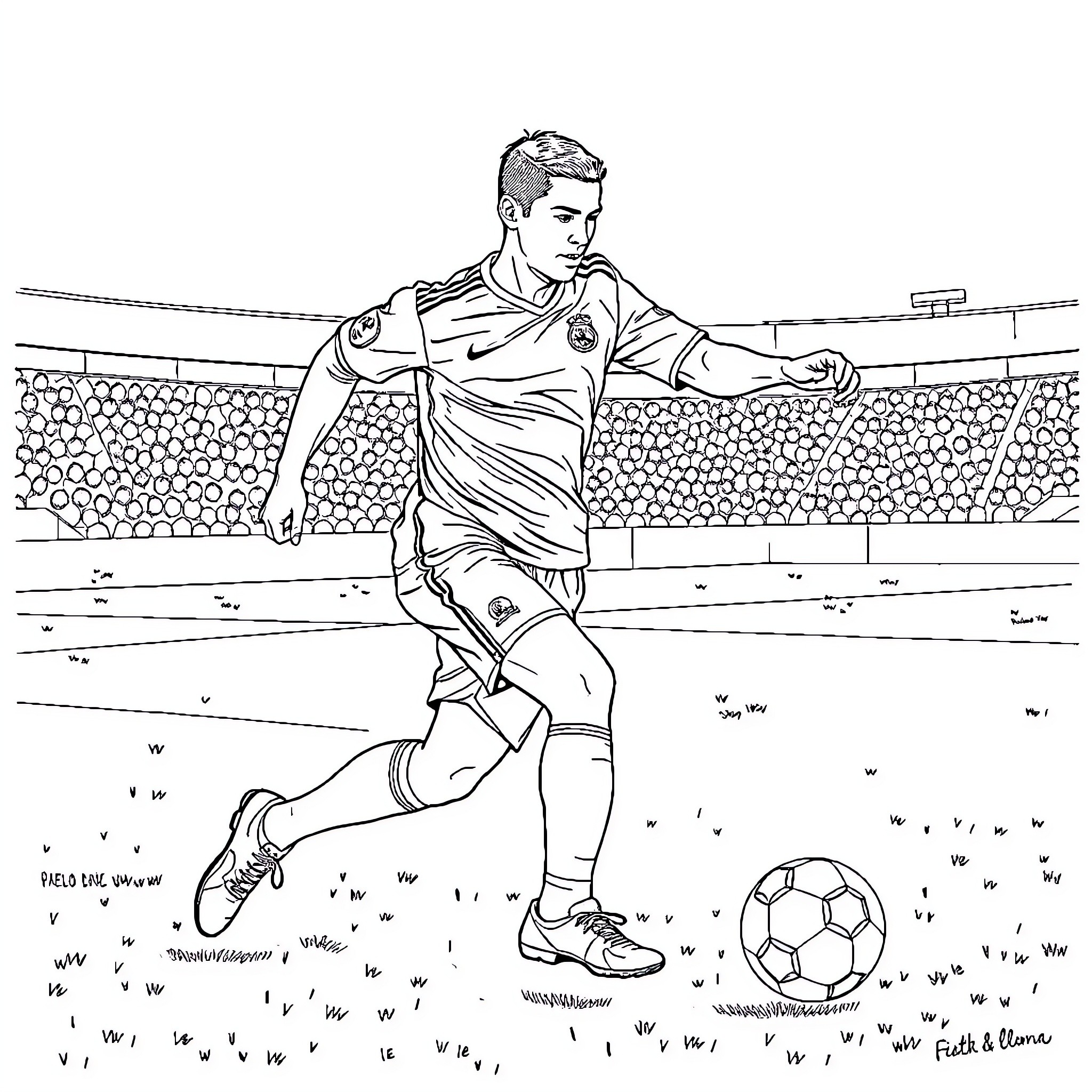 Cristiano Ronaldo Playing Soccer on the Field Coloring Page (free black-and-white line drawing printable PDF for all, from beginners to advanced learners, including children, teens, adults, and seniors)