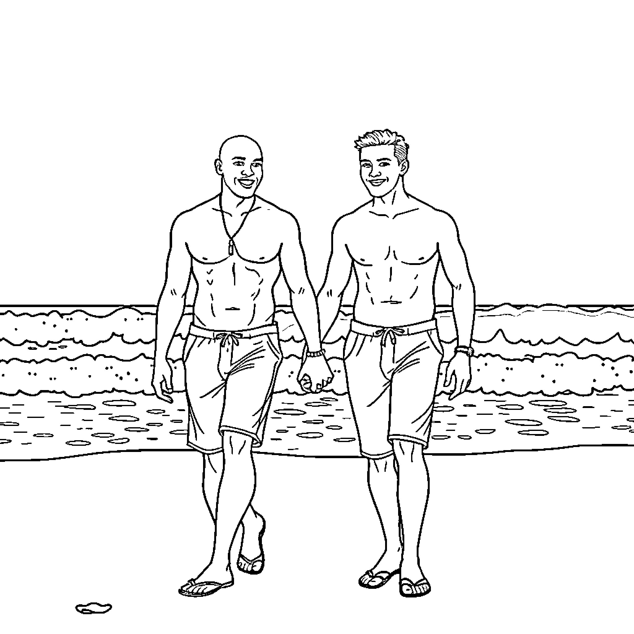 Men walking together on the beach Coloring Page (free black-and-white line drawing printable PDF for all, from beginners to advanced learners, including children, teens, adults, and seniors)