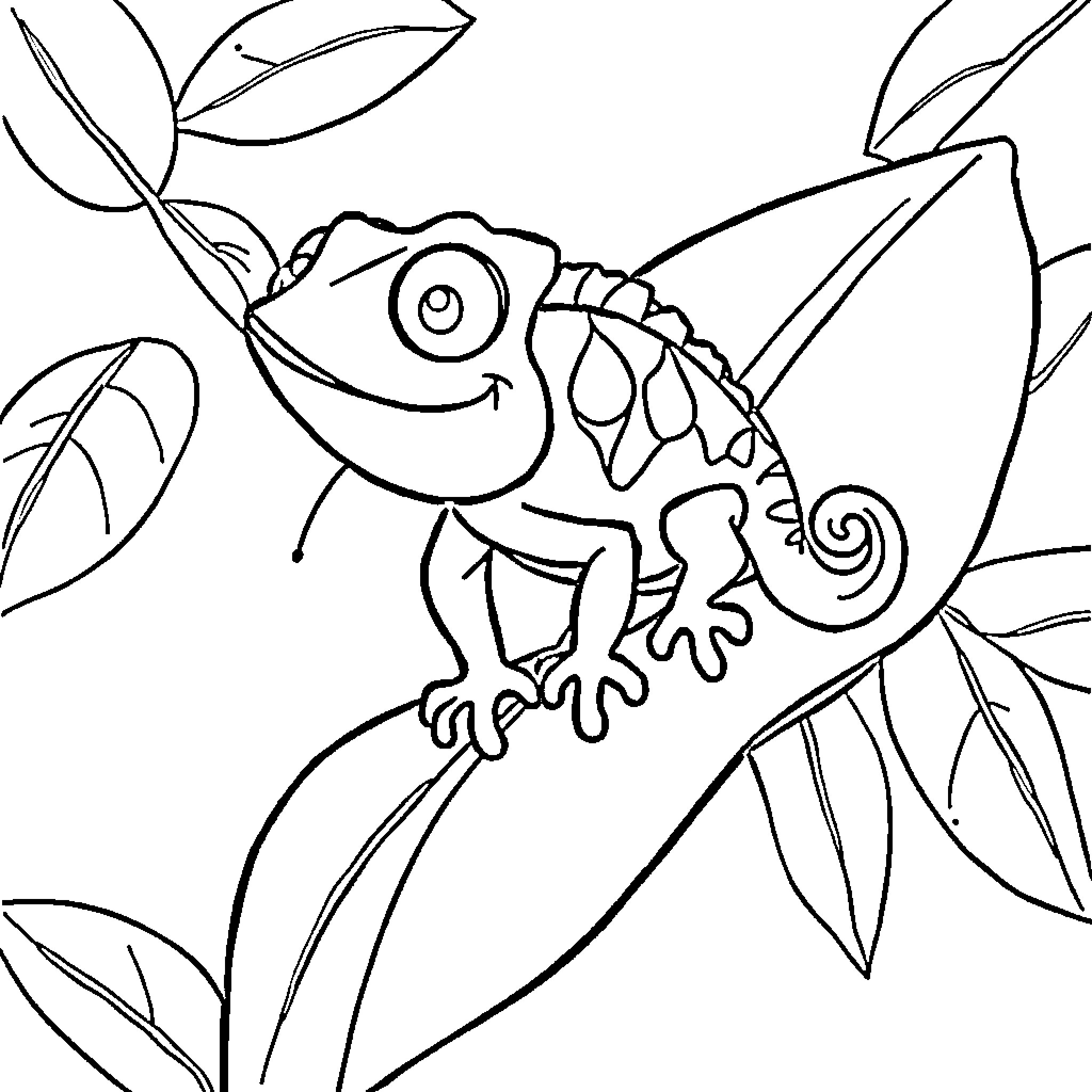 Chameleon in the Wilderness Coloring Page (free black-and-white line drawing printable PDF for all, from beginners to advanced learners, including children, teens, adults, and seniors)