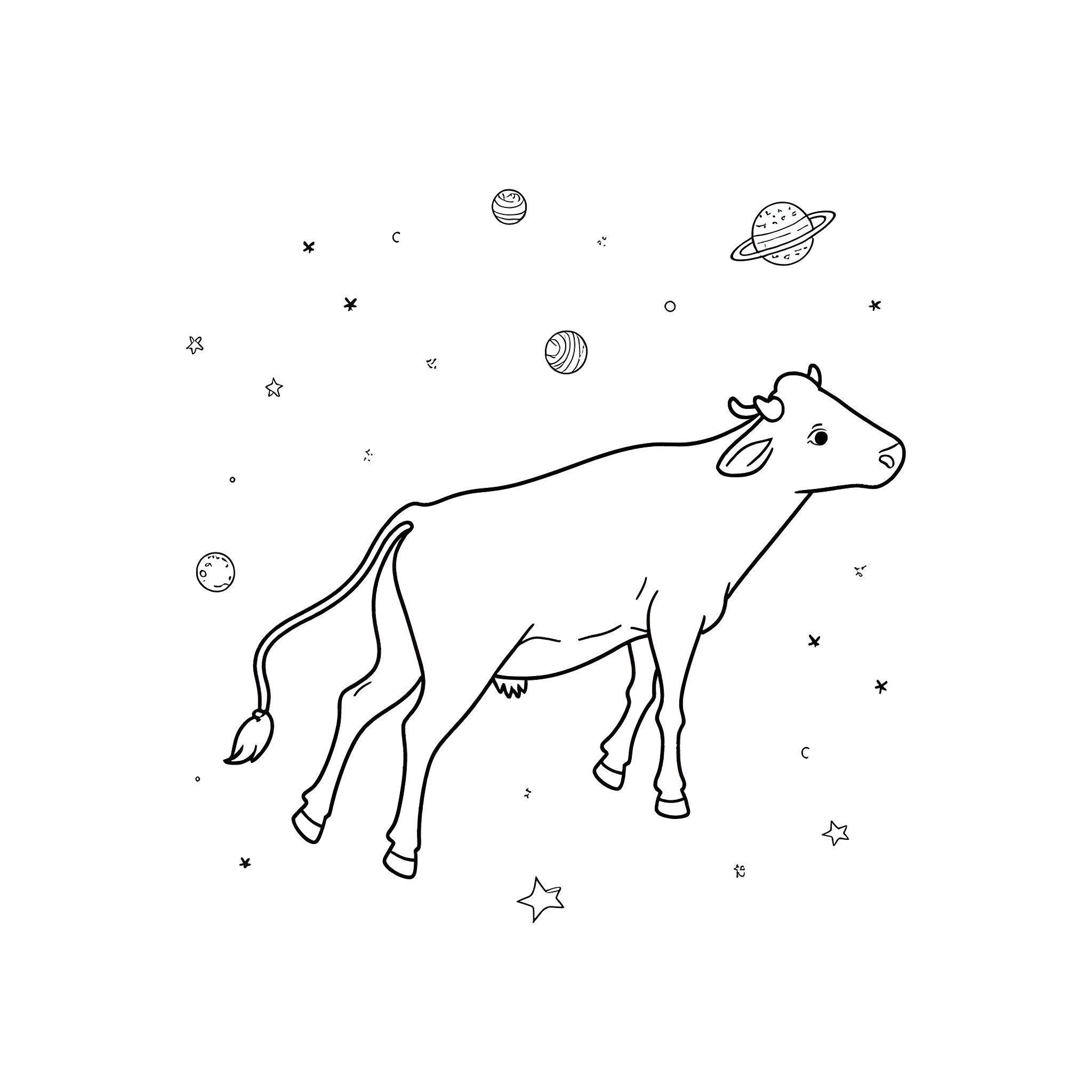 Cow exploring the cosmic space Coloring Page (free black-and-white line drawing printable PDF for all, from beginners to advanced learners, including children, teens, adults, and seniors)