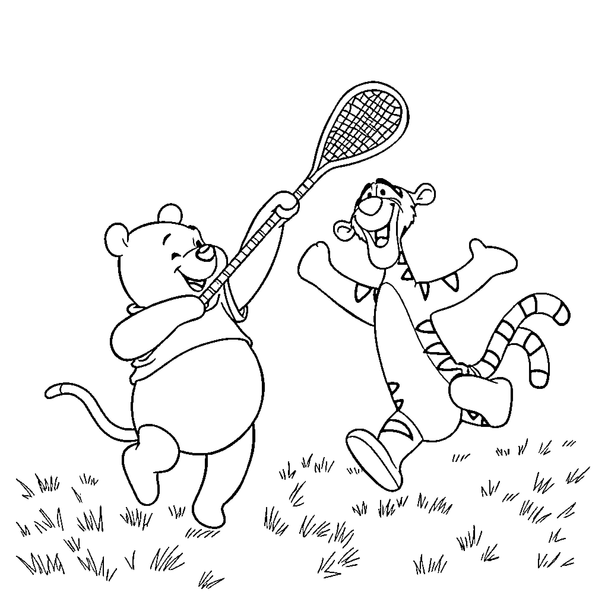 Winnie The Pooh and friends playing tennis in the meadow Coloring Page (free black-and-white line drawing printable PDF for all, from beginners to advanced learners, including children, teens, adults, and seniors)