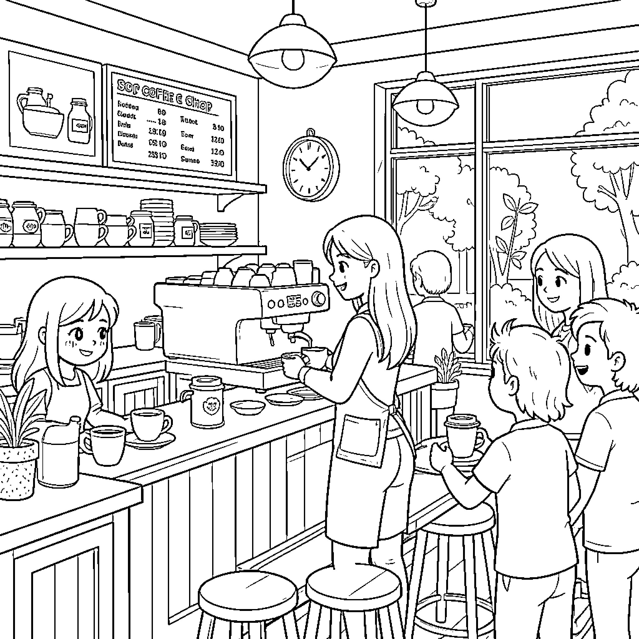 Coffee shop staff serving customers in a cozy cafe Coloring Page (free black-and-white line drawing printable PDF for all, from beginners to advanced learners, including children, teens, adults, and seniors)