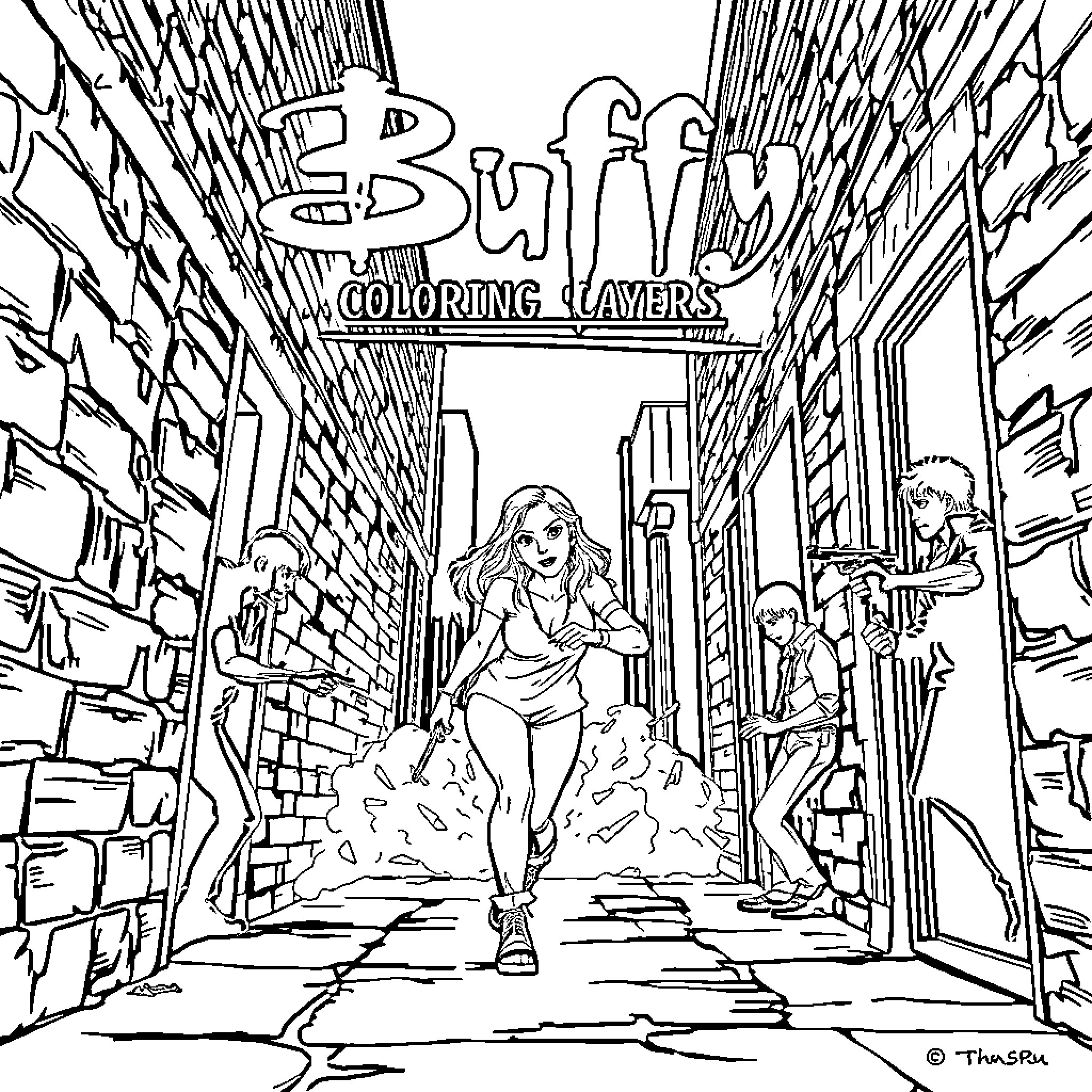 Buffy in action-packed urban setting Coloring Page (free black-and-white line drawing printable PDF for all, from beginners to advanced learners, including children, teens, adults, and seniors)