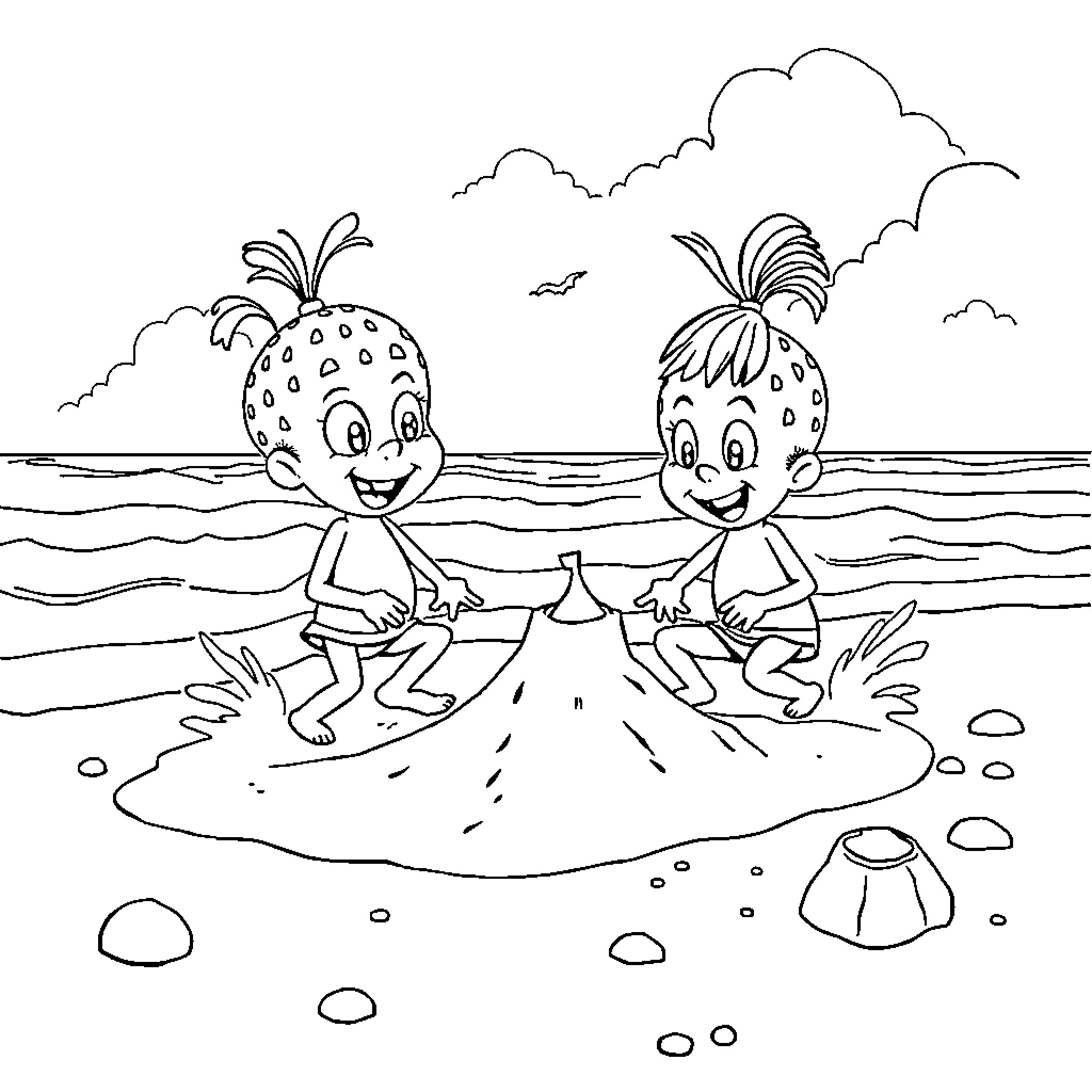Brainrot: Cheerful strawberry children frolicking on the beach Coloring Page (free black-and-white line drawing printable PDF for all, from beginners to advanced learners, including children, teens, adults, and seniors)