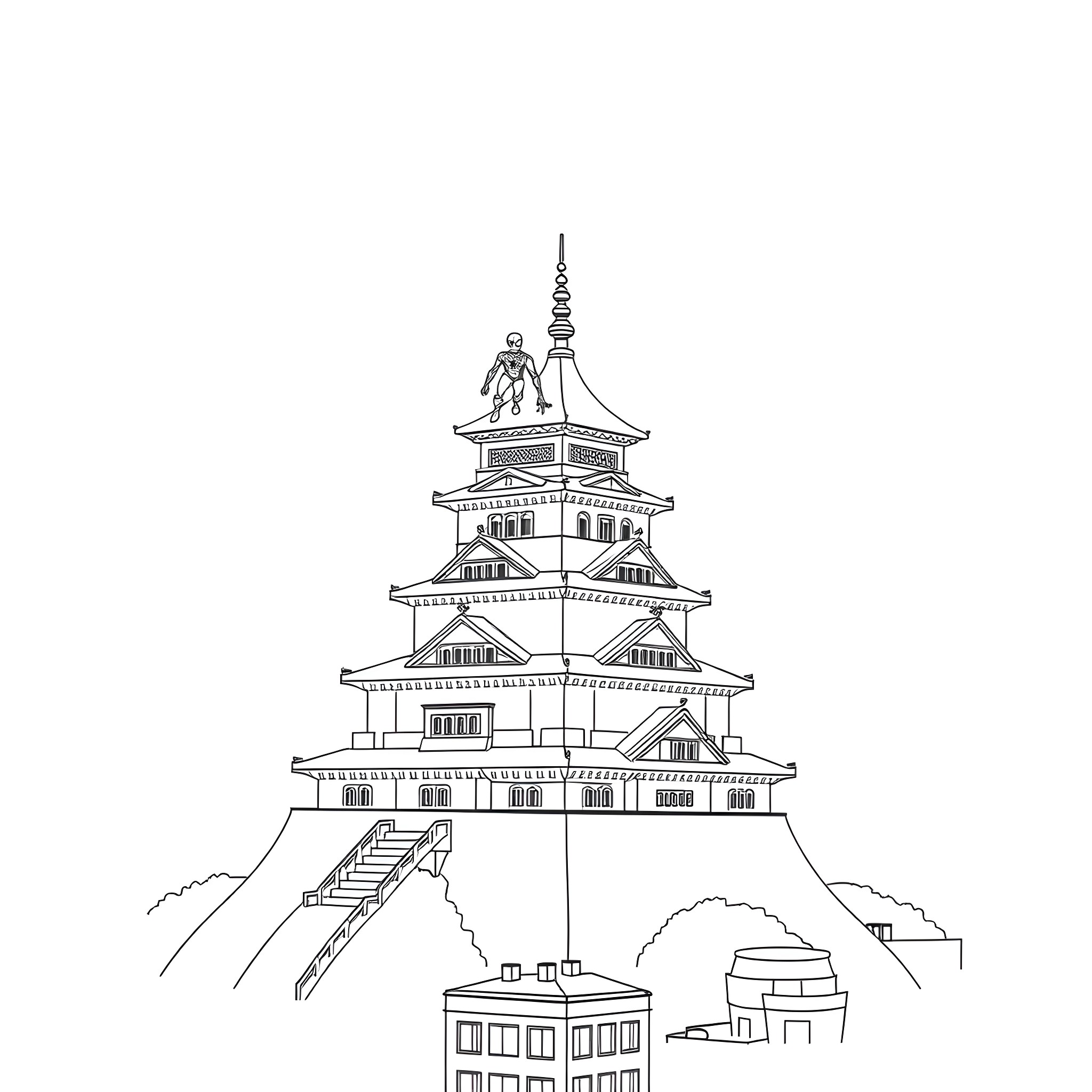Spiderman swinging from a pagoda-style temple Coloring Page (free black-and-white line drawing printable PDF for all, from beginners to advanced learners, including children, teens, adults, and seniors)