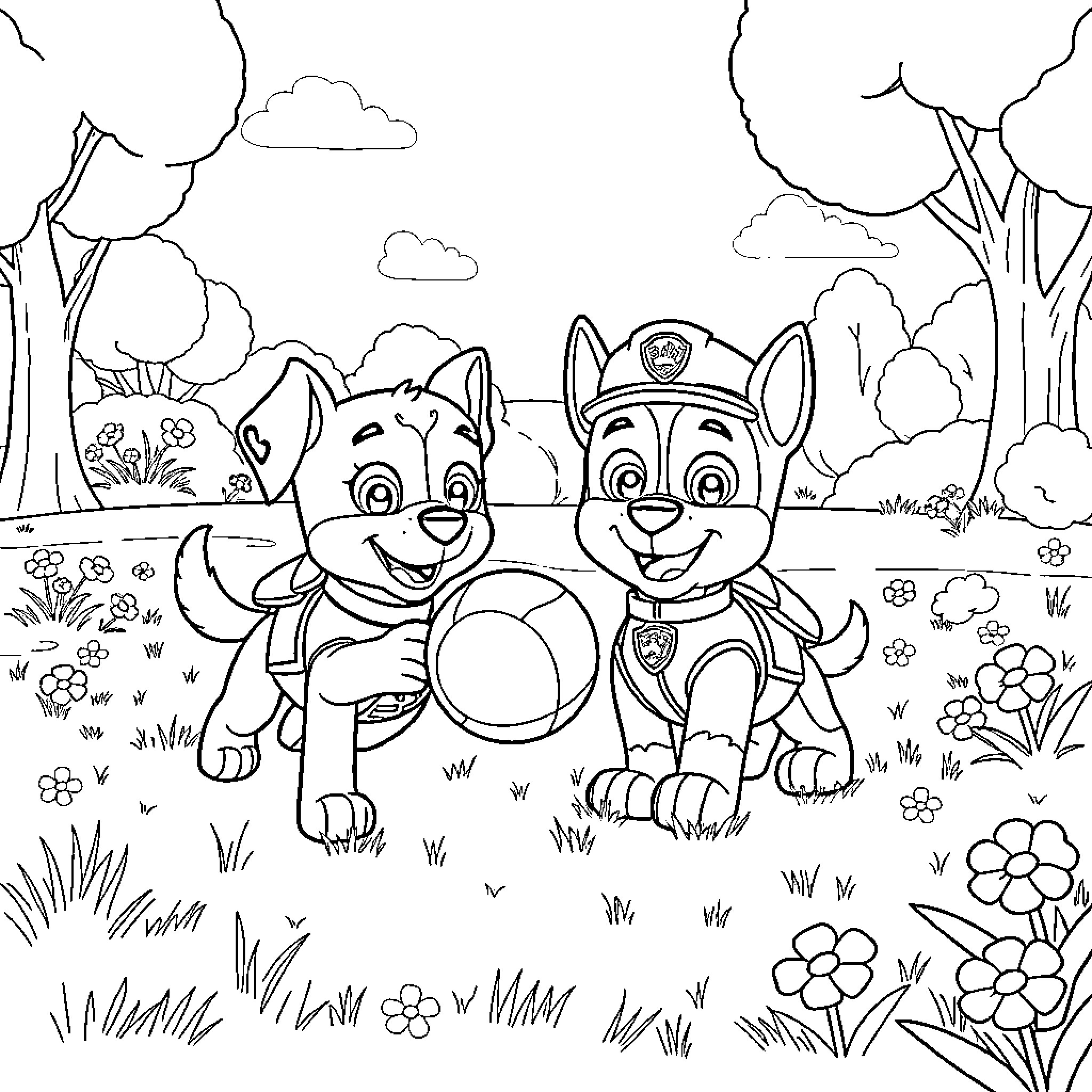 Paw Patrol pups exploring the forest Coloring Page (free black-and-white line drawing printable PDF for all, from beginners to advanced learners, including children, teens, adults, and seniors)