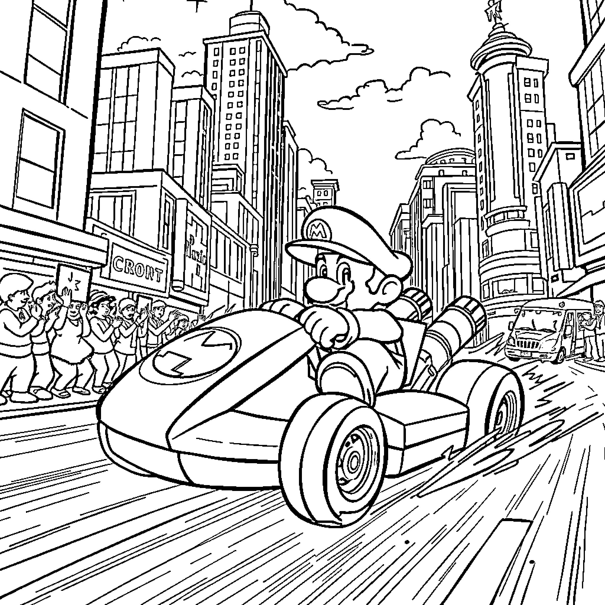Mario's Speedy Ride through the City Coloring Page (free black-and-white line drawing printable PDF for all, from beginners to advanced learners, including children, teens, adults, and seniors)
