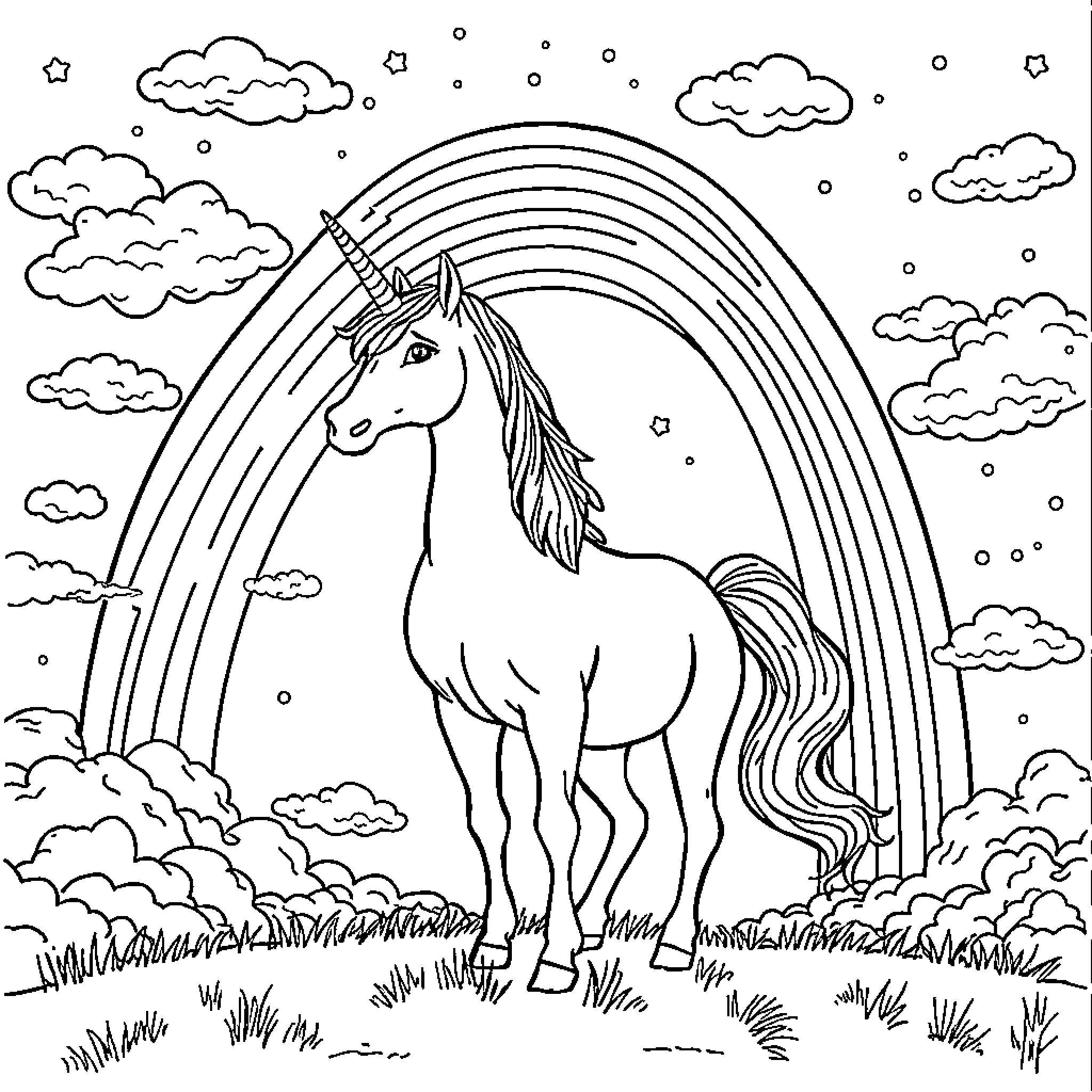 Unicorn standing majestically in the enchanted meadow Coloring Page (free black-and-white line drawing printable PDF for all, from beginners to advanced learners, including children, teens, adults, and seniors)