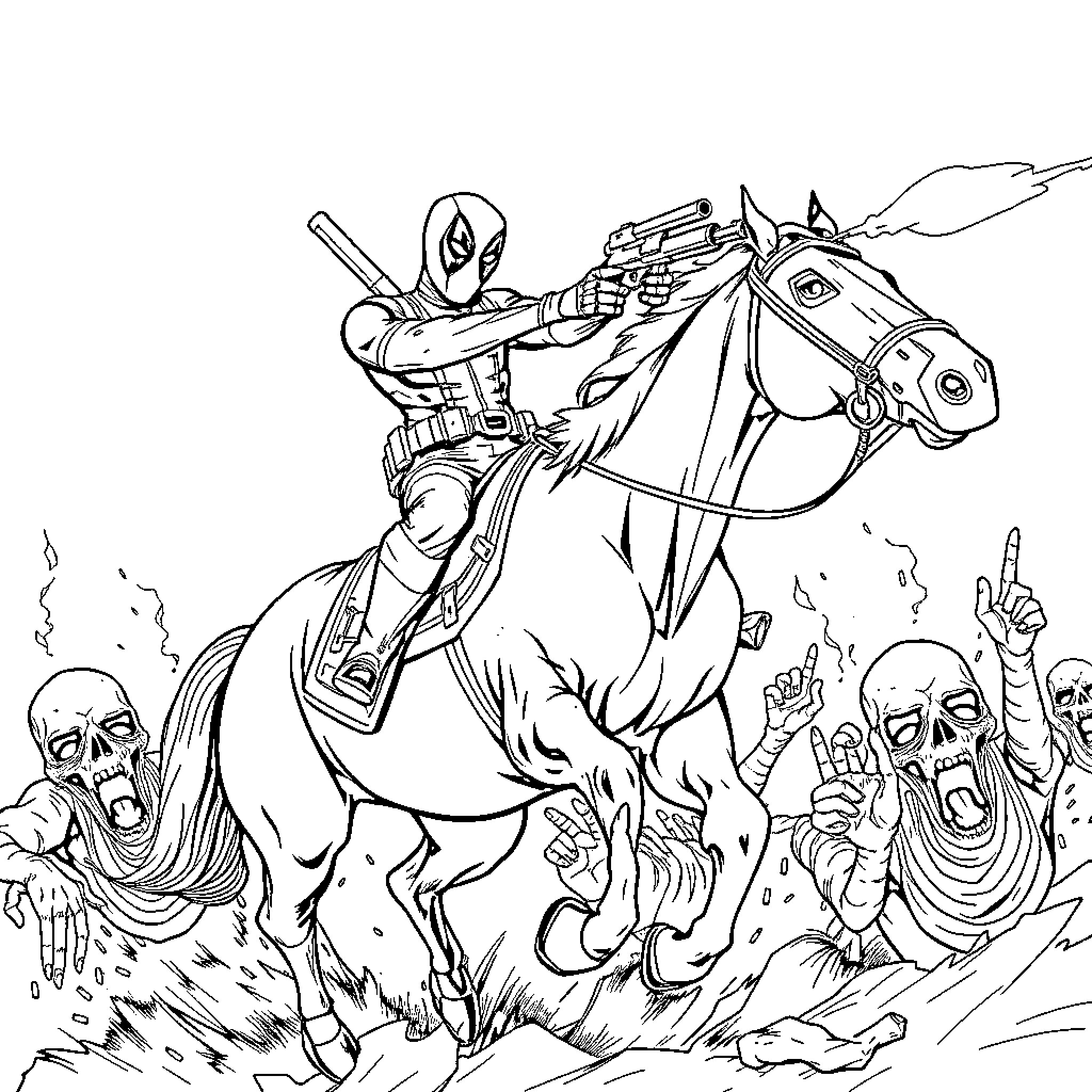 Deadpool Battles Against Enemy Forces on Horseback Coloring Page (free black-and-white line drawing printable PDF for all, from beginners to advanced learners, including children, teens, adults, and seniors)