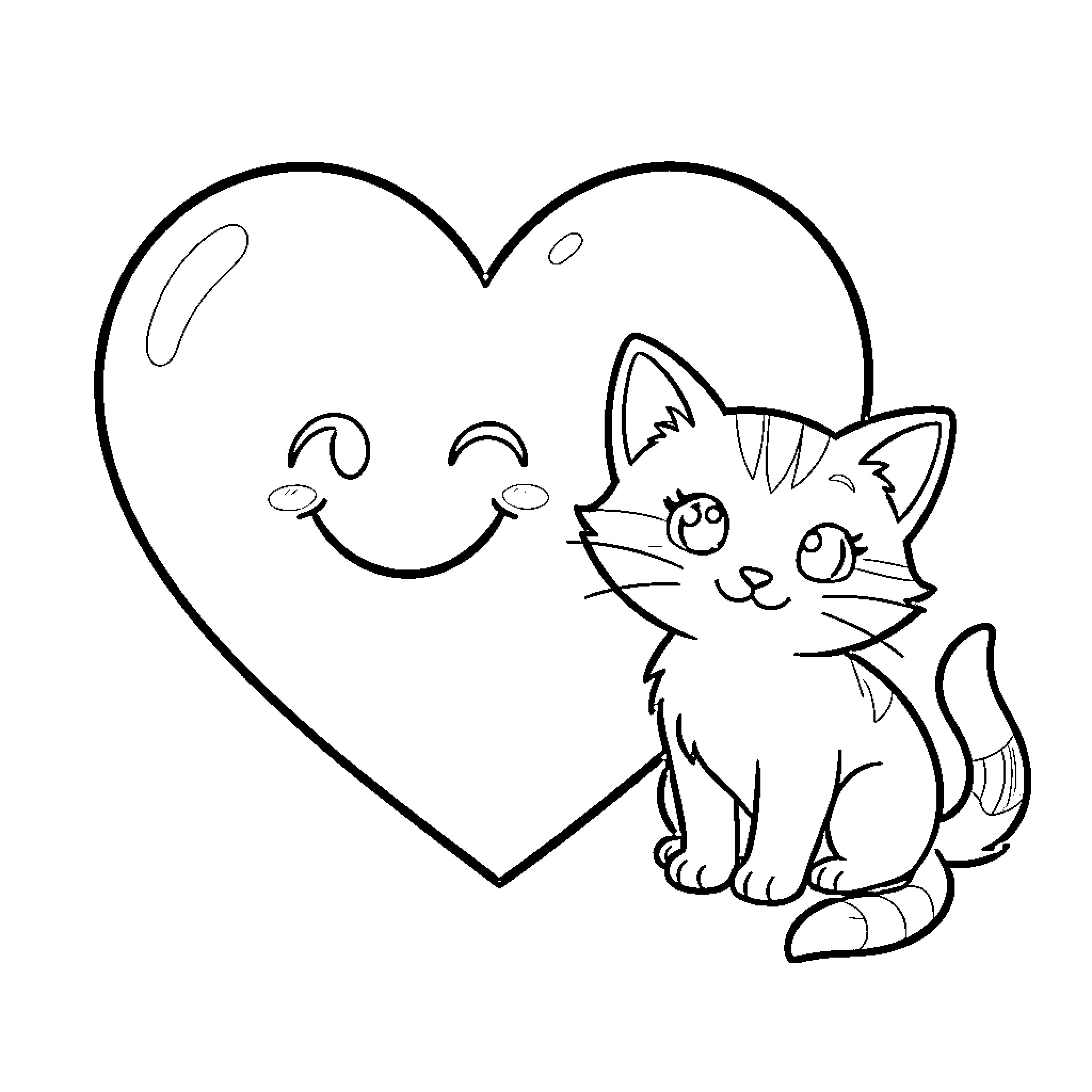 Heart with a smiling face and cute kitten Coloring Page (free black-and-white line drawing printable PDF for all, from beginners to advanced learners, including children, teens, adults, and seniors)