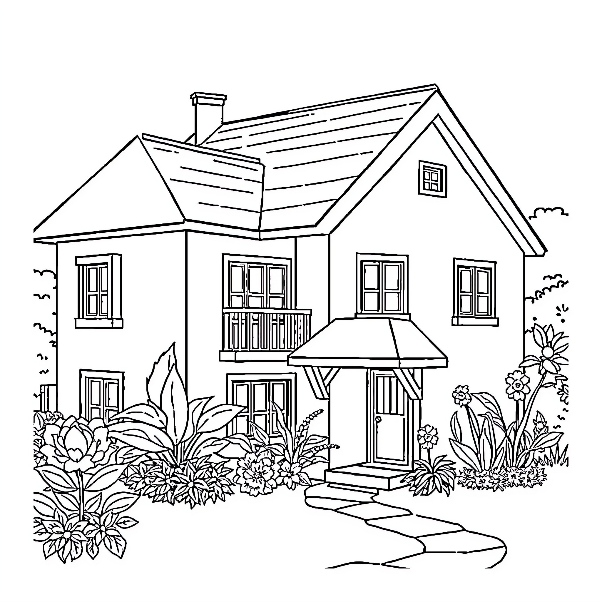 House with Lush Landscaping and Scenic Pathway Coloring Page (free black-and-white line drawing printable PDF for all, from beginners to advanced learners, including children, teens, adults, and seniors)