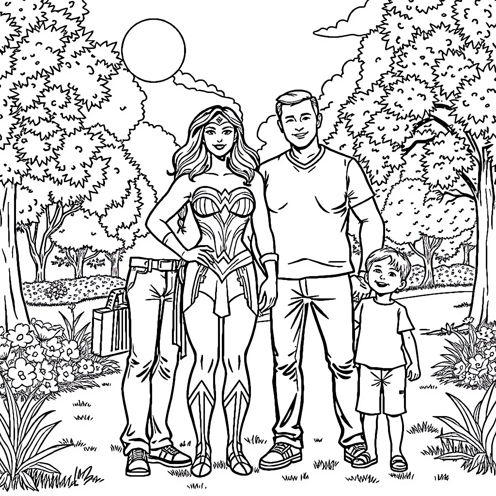 Wonder Woman and her family in a tranquil outdoor setting Coloring Page (free black-and-white line drawing printable PDF for all, from beginners to advanced learners, including children, teens, adults, and seniors)