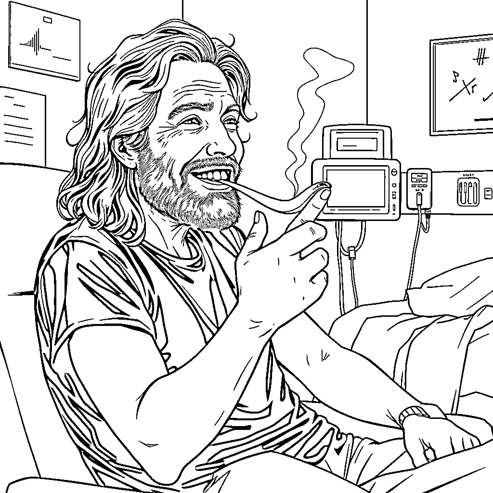 Eddie Vedder Relaxing and Unwinding in His Studio Coloring Page (free black-and-white line drawing printable PDF for all, from beginners to advanced learners, including children, teens, adults, and seniors)