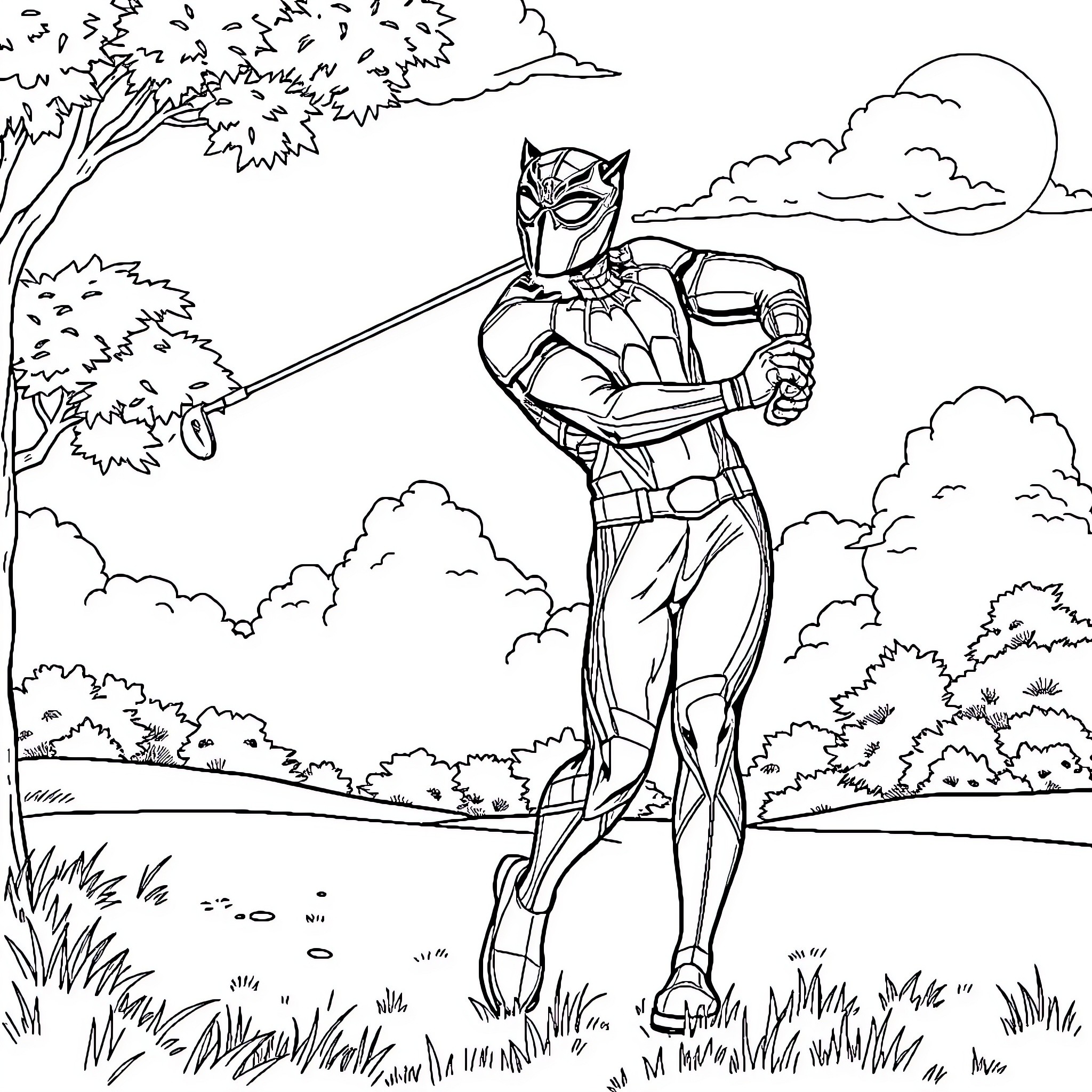 Panther superhero defending the wilderness Coloring Page (free black-and-white line drawing printable PDF for all, from beginners to advanced learners, including children, teens, adults, and seniors)