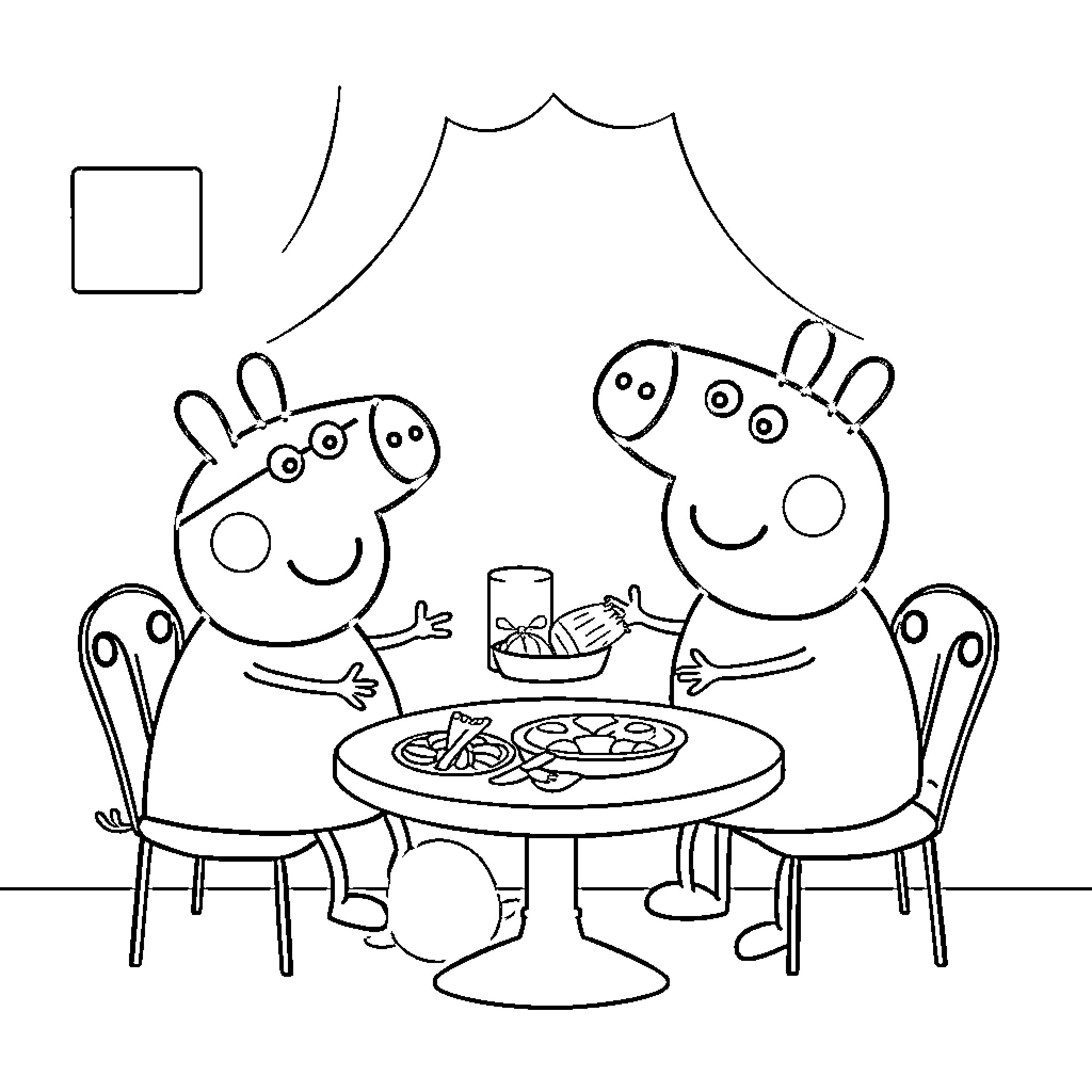 Bluey and friends having a meal at the table Coloring Page (free black-and-white line drawing printable PDF for all, from beginners to advanced learners, including children, teens, adults, and seniors)