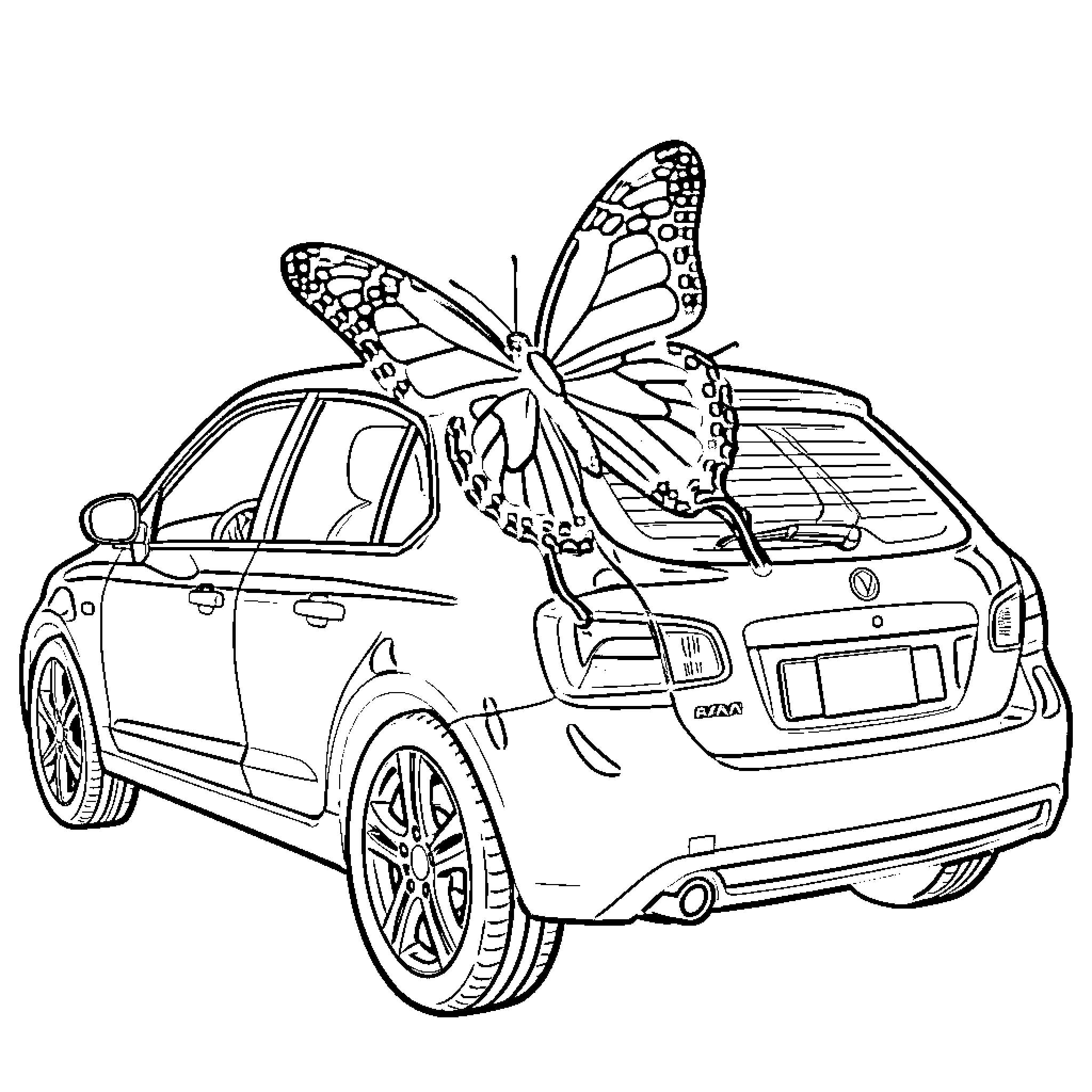 Butterfly resting atop a car Coloring Page (free black-and-white line drawing printable PDF for all, from beginners to advanced learners, including children, teens, adults, and seniors)