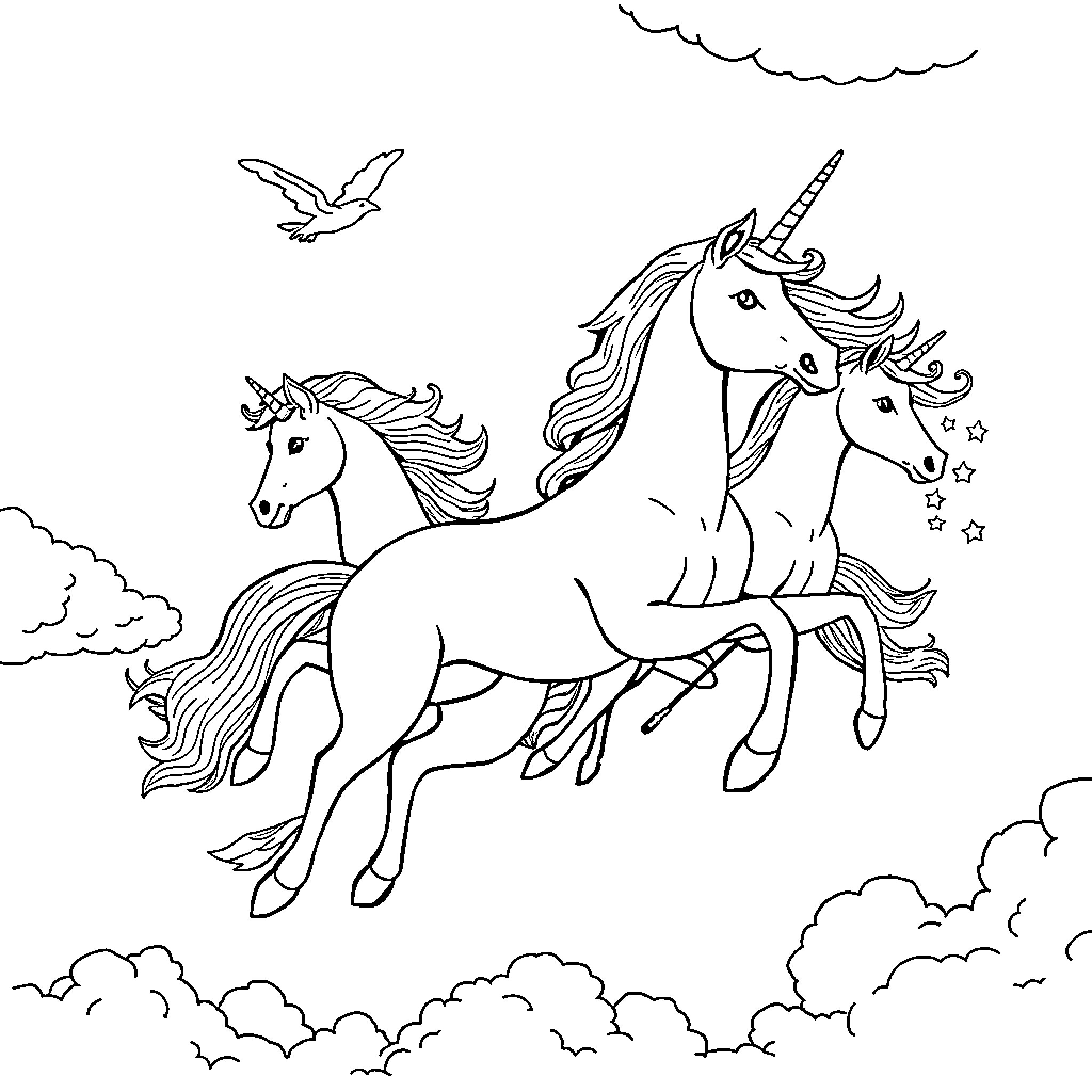 Unicorn family flying through the clouds Coloring Page (free black-and-white line drawing printable PDF for all, from beginners to advanced learners, including children, teens, adults, and seniors)