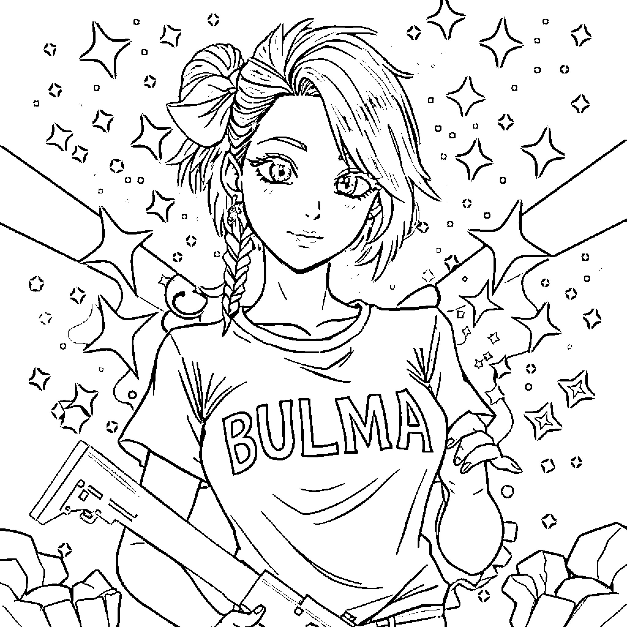 Anime Character with braided hair and a Bulma shirt in a starry space Coloring Page (free black-and-white line drawing printable PDF for all, from beginners to advanced learners, including children, teens, adults, and seniors)