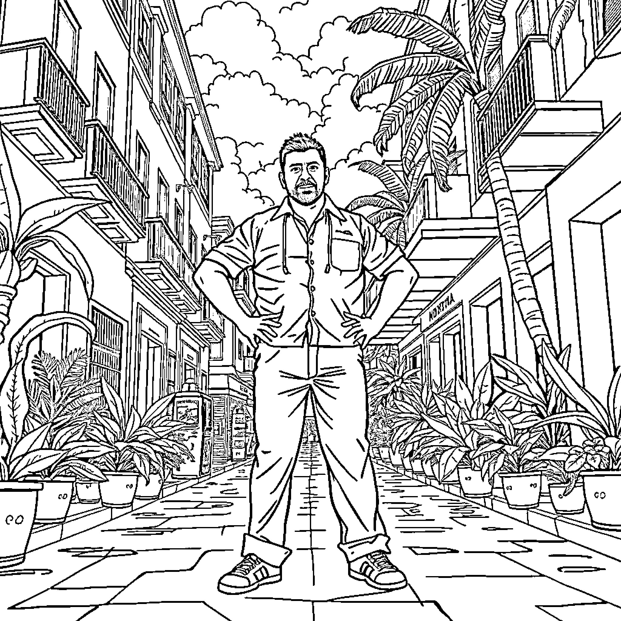 Tanjiro exploring the lively tropical city Coloring Page (free black-and-white line drawing printable PDF for all, from beginners to advanced learners, including children, teens, adults, and seniors)