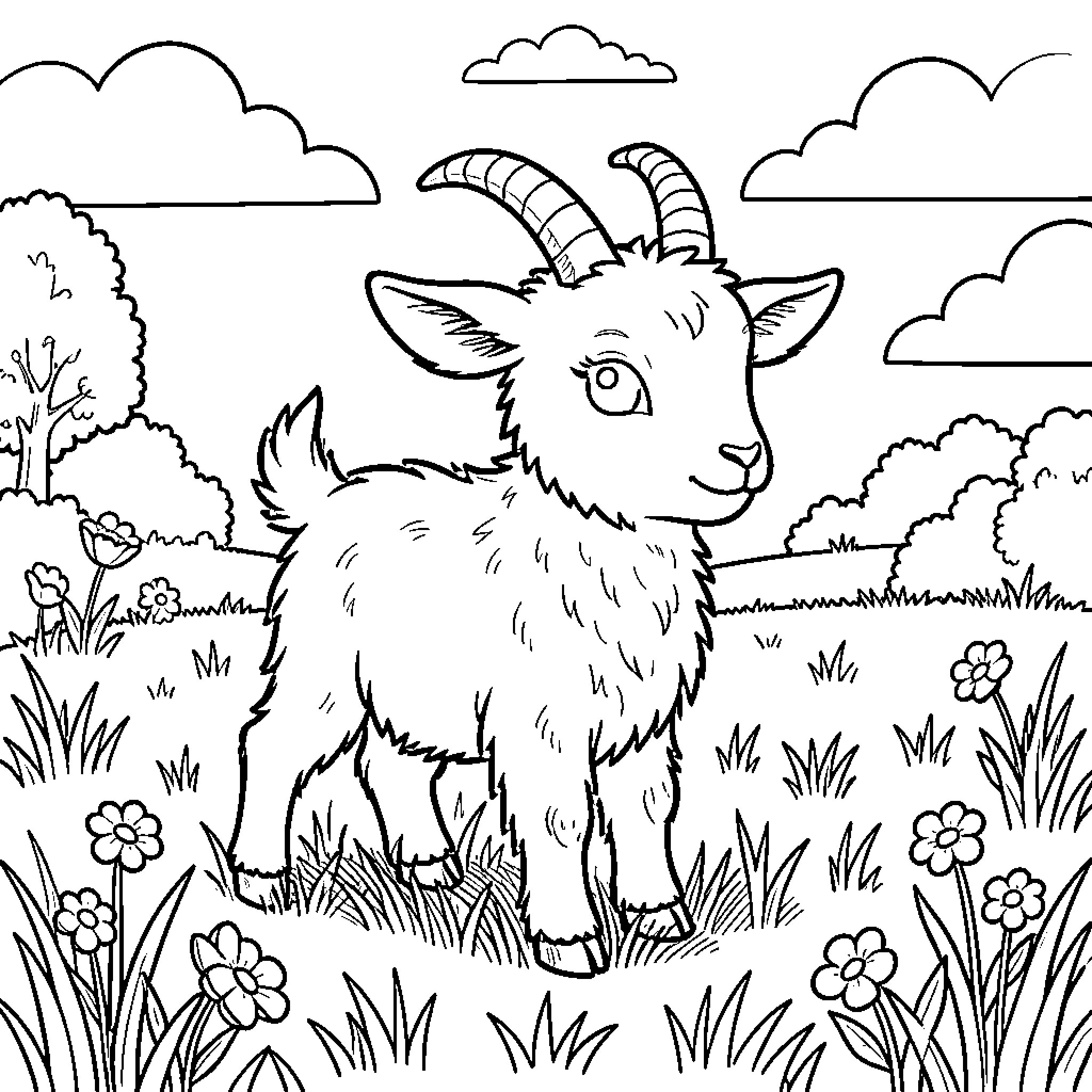 Goat standing in a scenic field Coloring Page (free black-and-white line drawing printable PDF for all, from beginners to advanced learners, including children, teens, adults, and seniors)