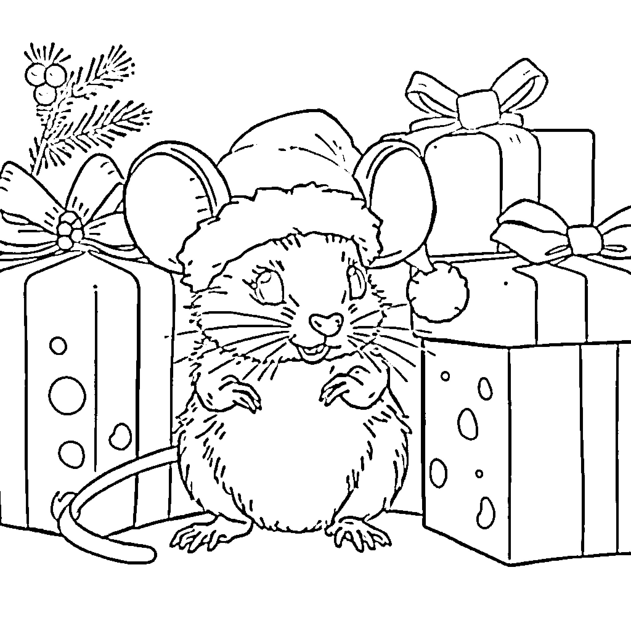 Mouse with holiday gifts and decorations Coloring Page (free black-and-white line drawing printable PDF for all, from beginners to advanced learners, including children, teens, adults, and seniors)