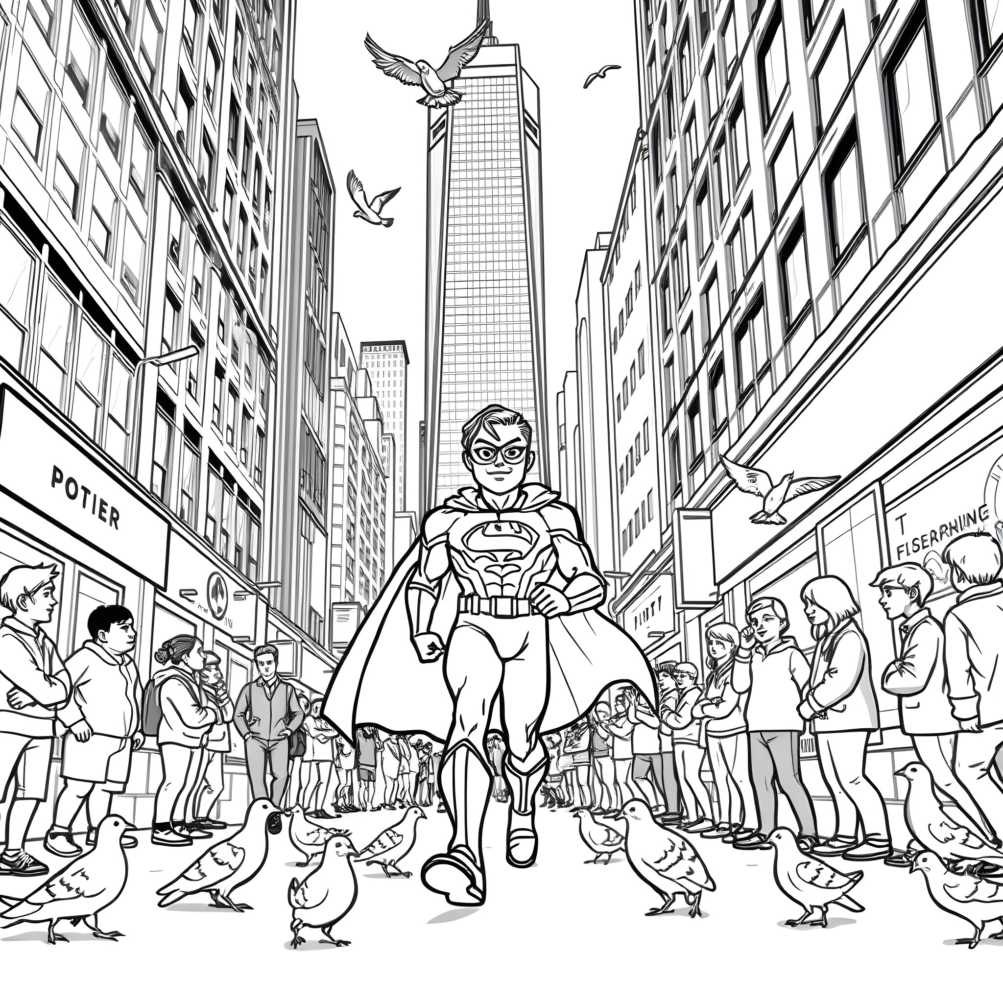 Baby Superhero Saving the City from Above Coloring Page (free black-and-white line drawing printable PDF for all, from beginners to advanced learners, including children, teens, adults, and seniors)
