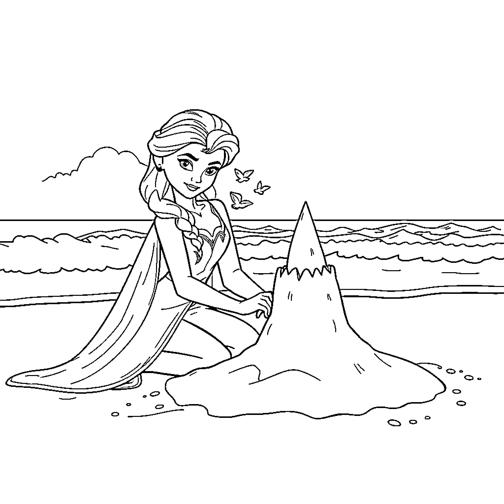Elsa building a sand castle on the beach Coloring Page (free black-and-white line drawing printable PDF for all, from beginners to advanced learners, including children, teens, adults, and seniors)