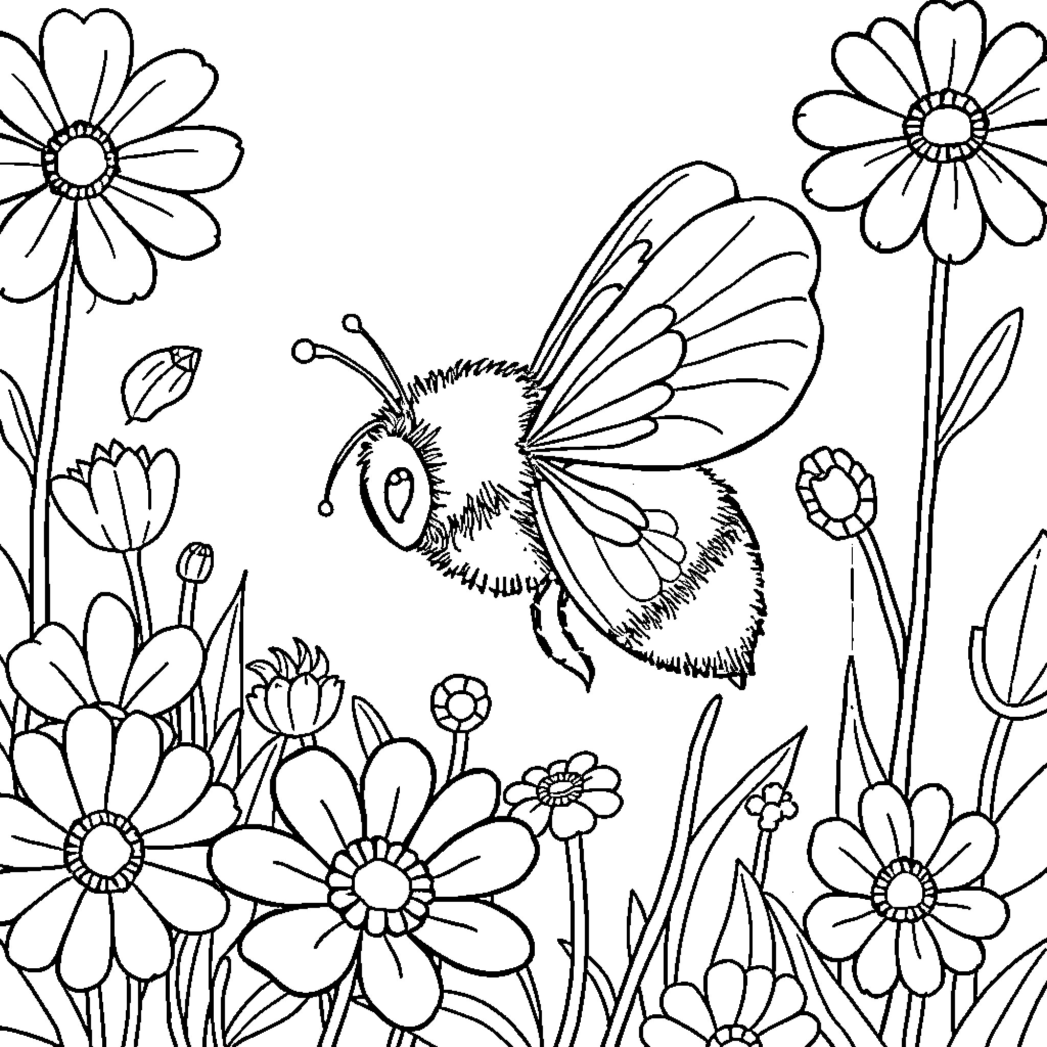 Bee surrounded by blooming flowers Coloring Page (free black-and-white line drawing printable PDF for all, from beginners to advanced learners, including children, teens, adults, and seniors)
