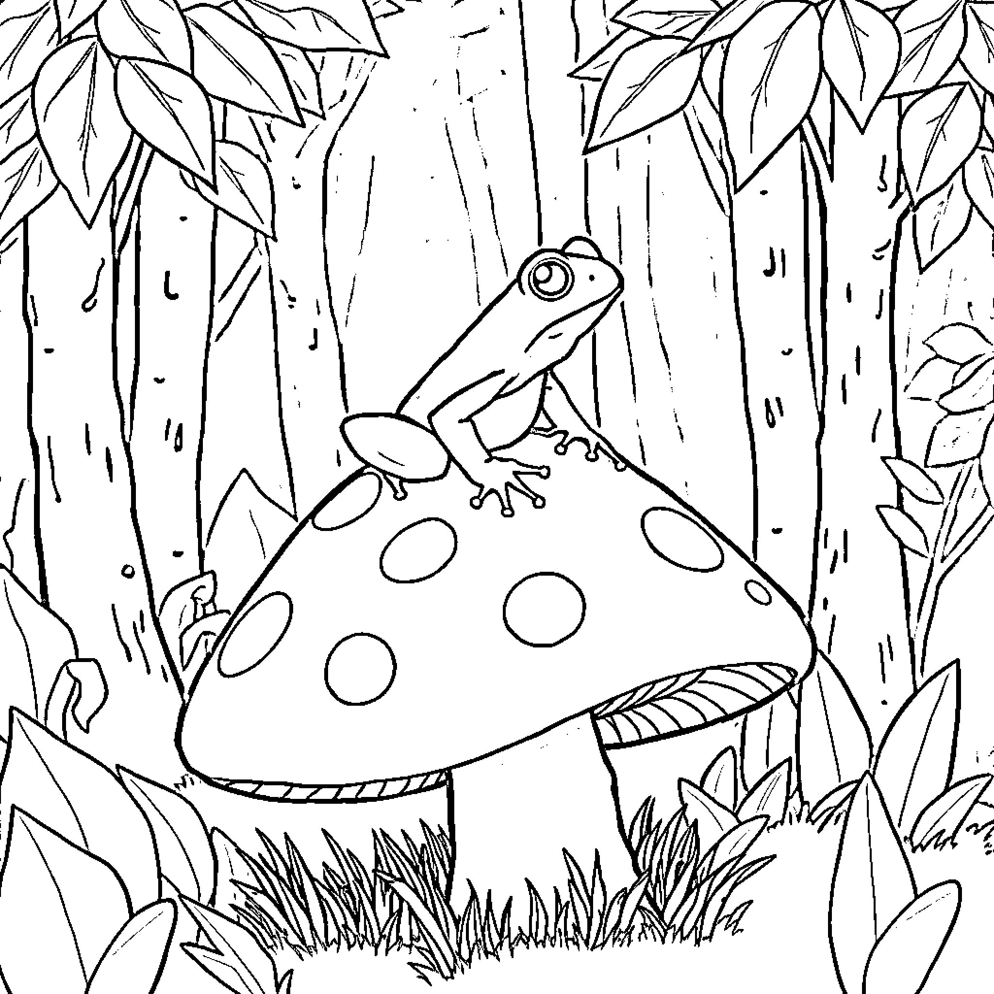 Frog resting on spotted mushroom in forest Coloring Page (free black-and-white line drawing printable PDF for all, from beginners to advanced learners, including children, teens, adults, and seniors)