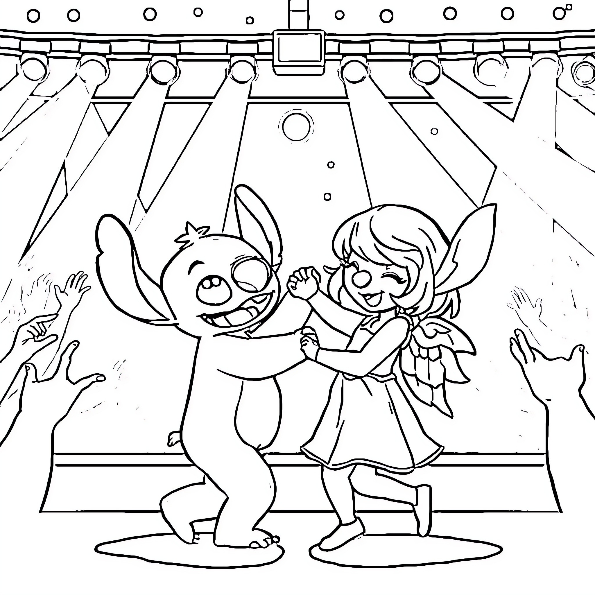 Stitch dancing happily with girl in stage performance Coloring Page (free black-and-white line drawing printable PDF for all, from beginners to advanced learners, including children, teens, adults, and seniors)