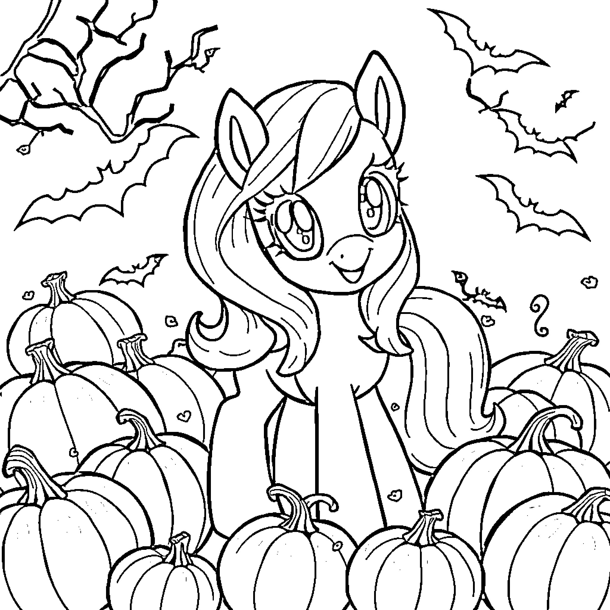 Pony playing amidst festive pumpkins and bats Coloring Page (free black-and-white line drawing printable PDF for all, from beginners to advanced learners, including children, teens, adults, and seniors)