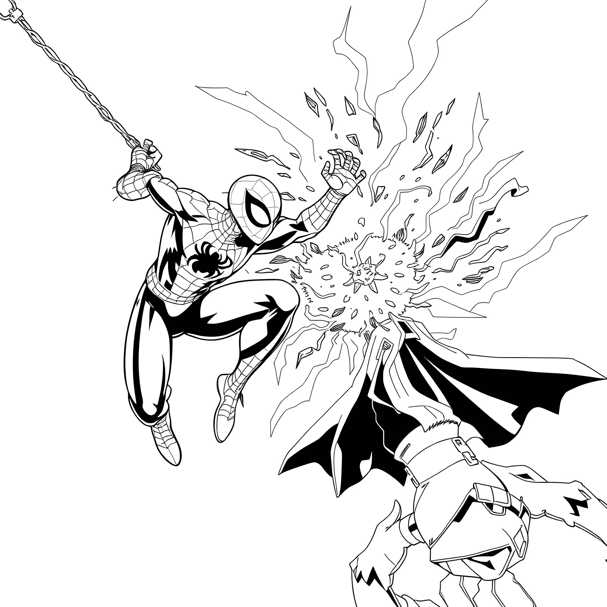 Spiderman Unleashing Powerful Webslinging Attack Coloring Page (free black-and-white line drawing printable PDF for all, from beginners to advanced learners, including children, teens, adults, and seniors)