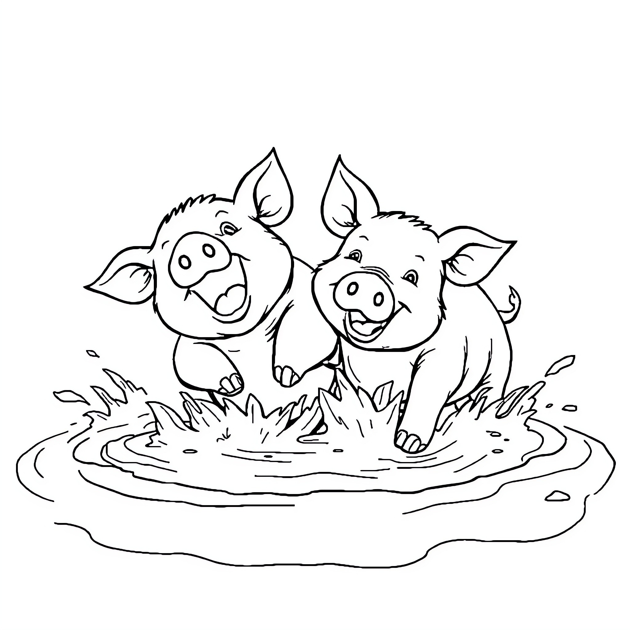 Pigs playing happily in a puddle Coloring Page (free black-and-white line drawing printable PDF for all, from beginners to advanced learners, including children, teens, adults, and seniors)