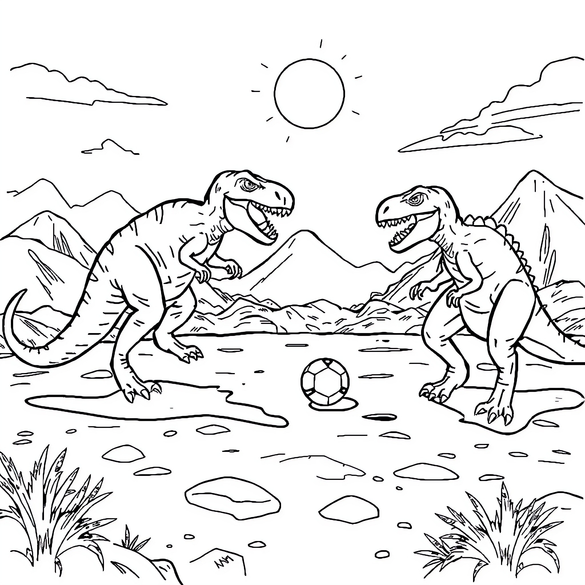 Dinosaurs playing soccer in the prehistoric landscape Coloring Page (free black-and-white line drawing printable PDF for all, from beginners to advanced learners, including children, teens, adults, and seniors)