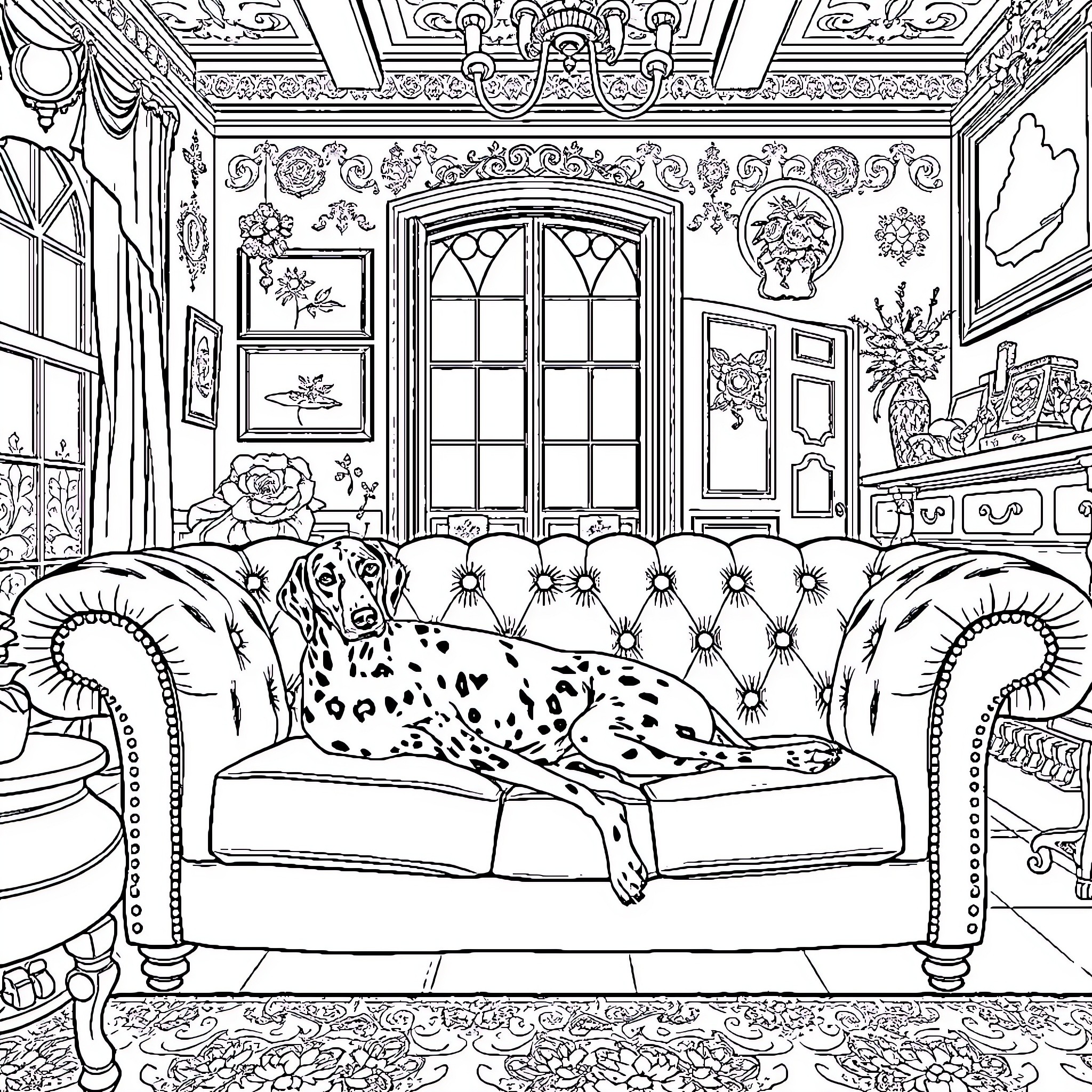 Pointer to a Cozy and Ornate Interior Scene Coloring Page (free black-and-white line drawing printable PDF for all, from beginners to advanced learners, including children, teens, adults, and seniors)