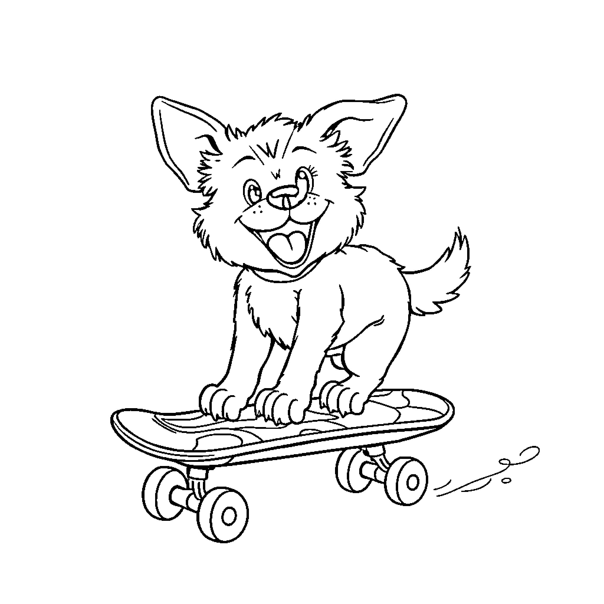 Dog riding skateboard with joy Coloring Page (free black-and-white line drawing printable PDF for all, from beginners to advanced learners, including children, teens, adults, and seniors)