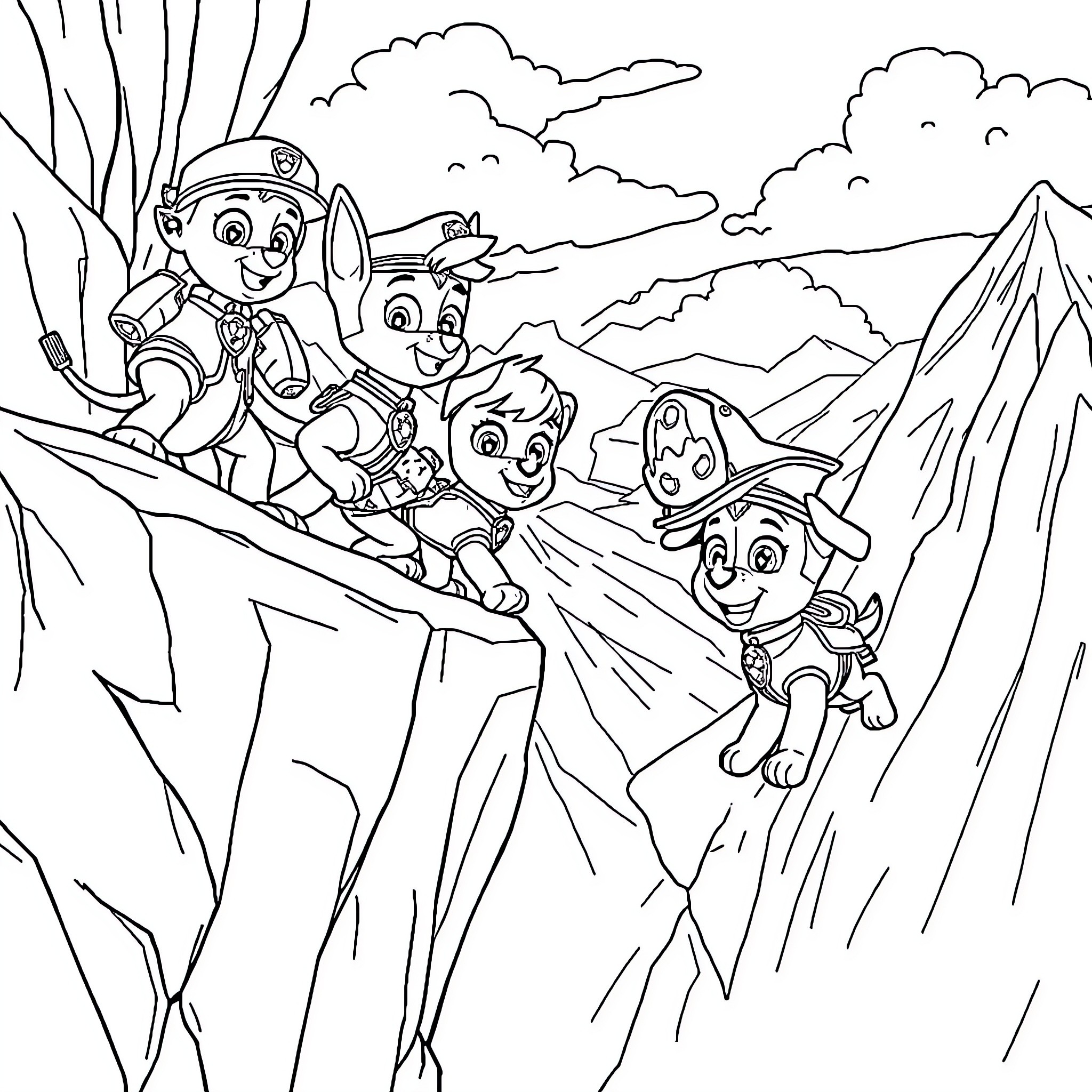 Paw Patrol Rescue Team Climbing Mountain Adventure Coloring Page (free black-and-white line drawing printable PDF for all, from beginners to advanced learners, including children, teens, adults, and seniors)