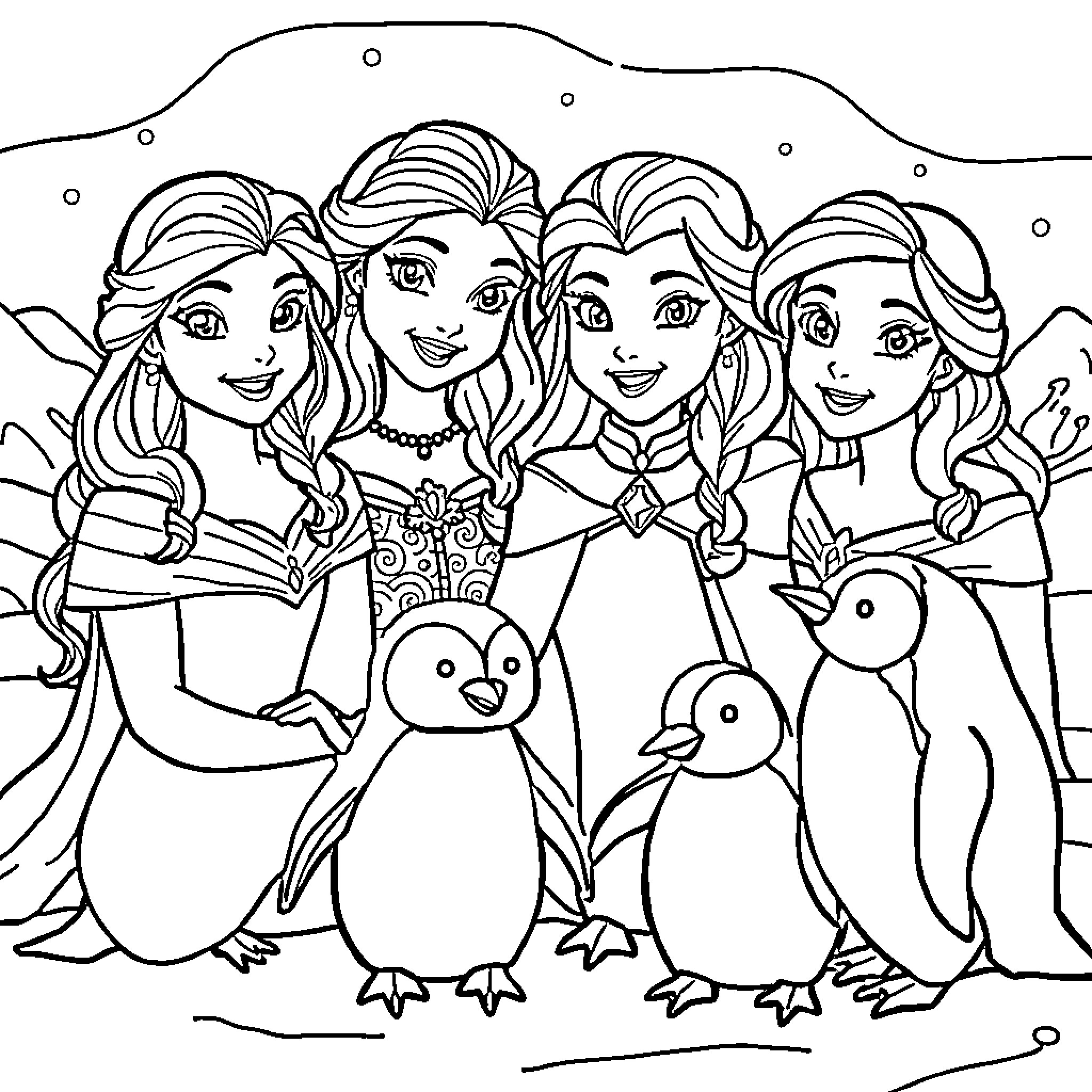 Disney Princess Friends Pose With Adorable Penguin Companions Coloring Page (free black-and-white line drawing printable PDF for all, from beginners to advanced learners, including children, teens, adults, and seniors)