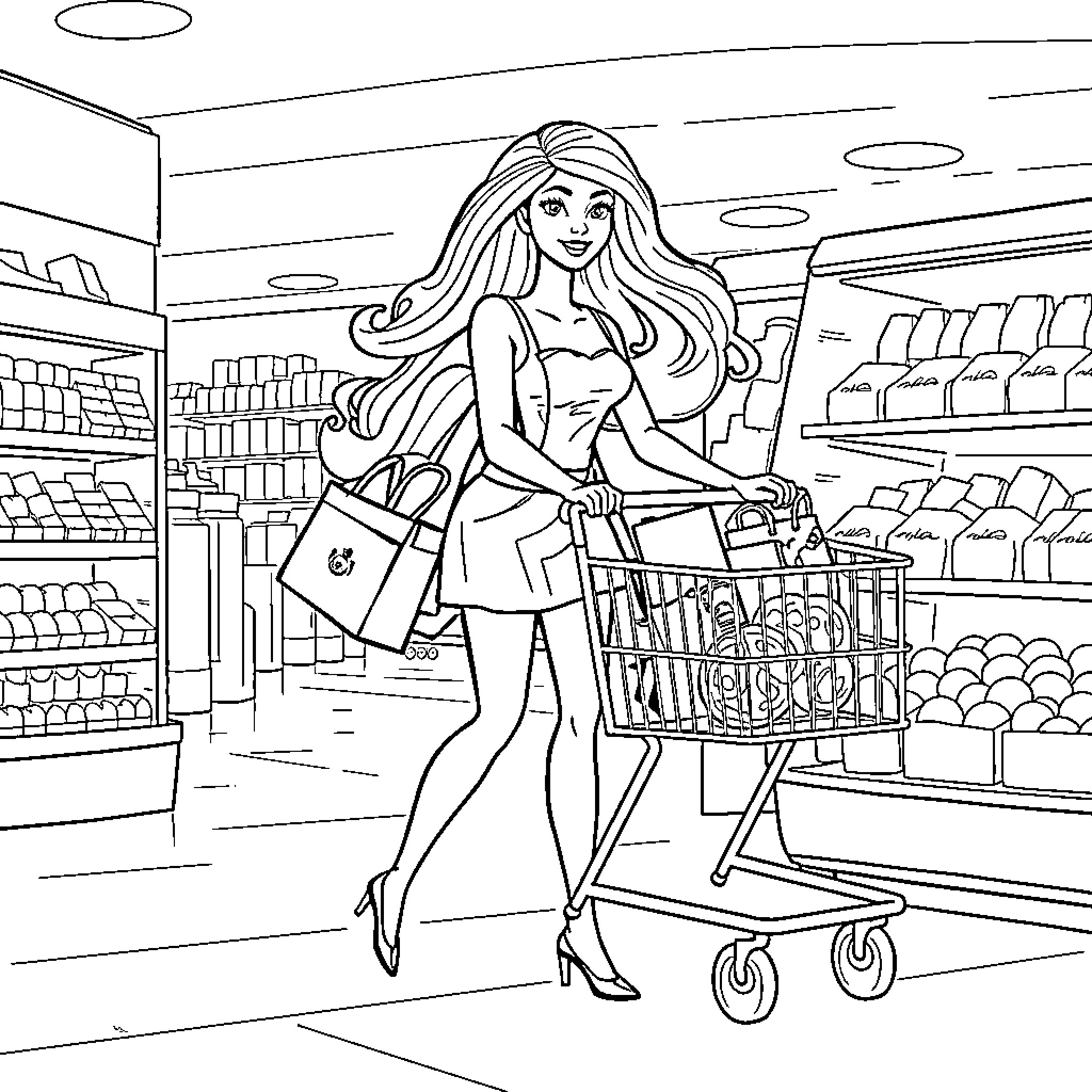Barbie Shopping Happily in the Supermarket Coloring Page (free black-and-white line drawing printable PDF for all, from beginners to advanced learners, including children, teens, adults, and seniors)